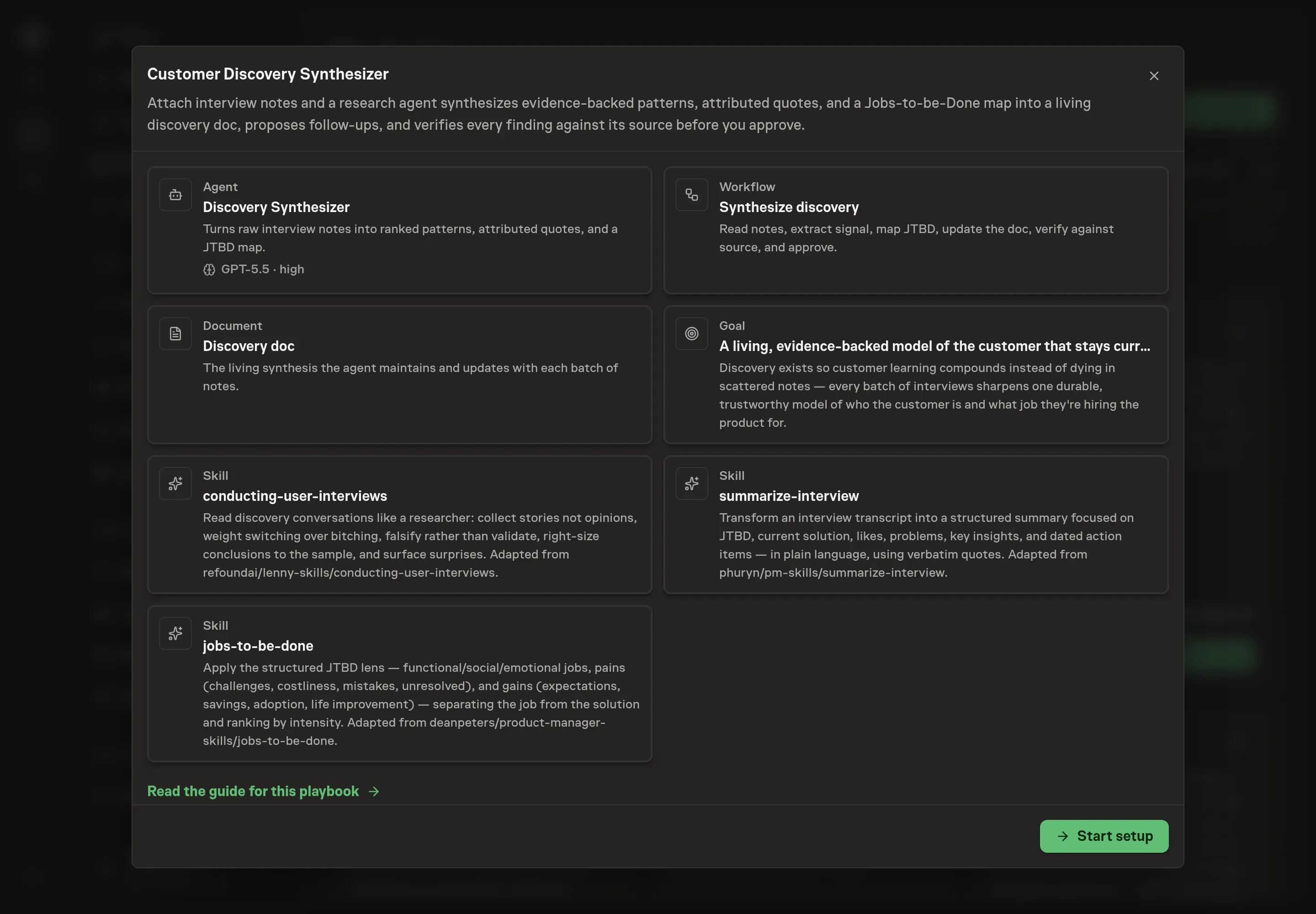 The Customer Discovery Synthesizer preview listing the agent, synthesis workflow, discovery doc, discovery goal, and three research skills, with a Start setup button