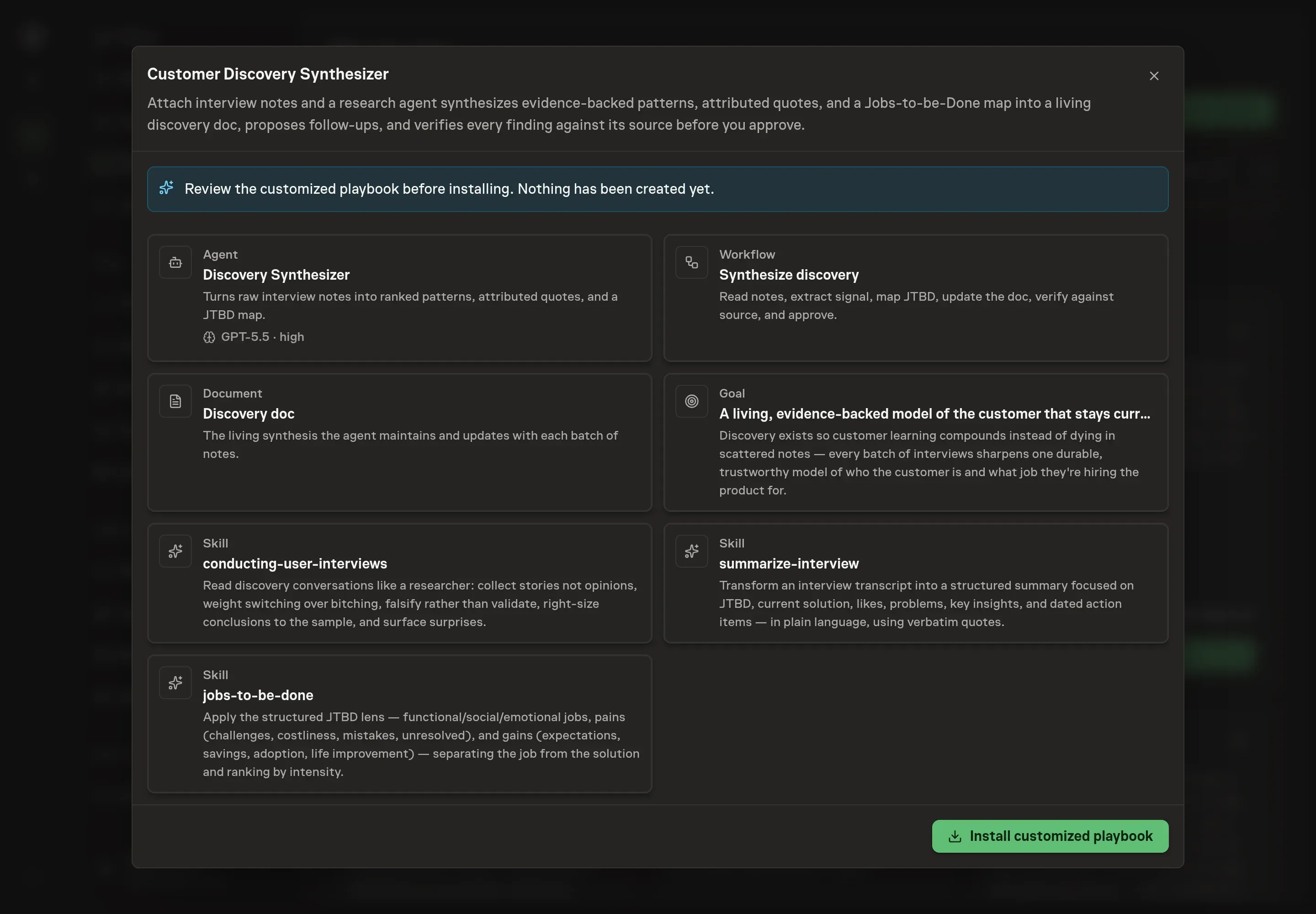 The review step showing the customized Discovery Synthesizer agent, synthesis workflow, discovery doc, goal, and research skills before installation
