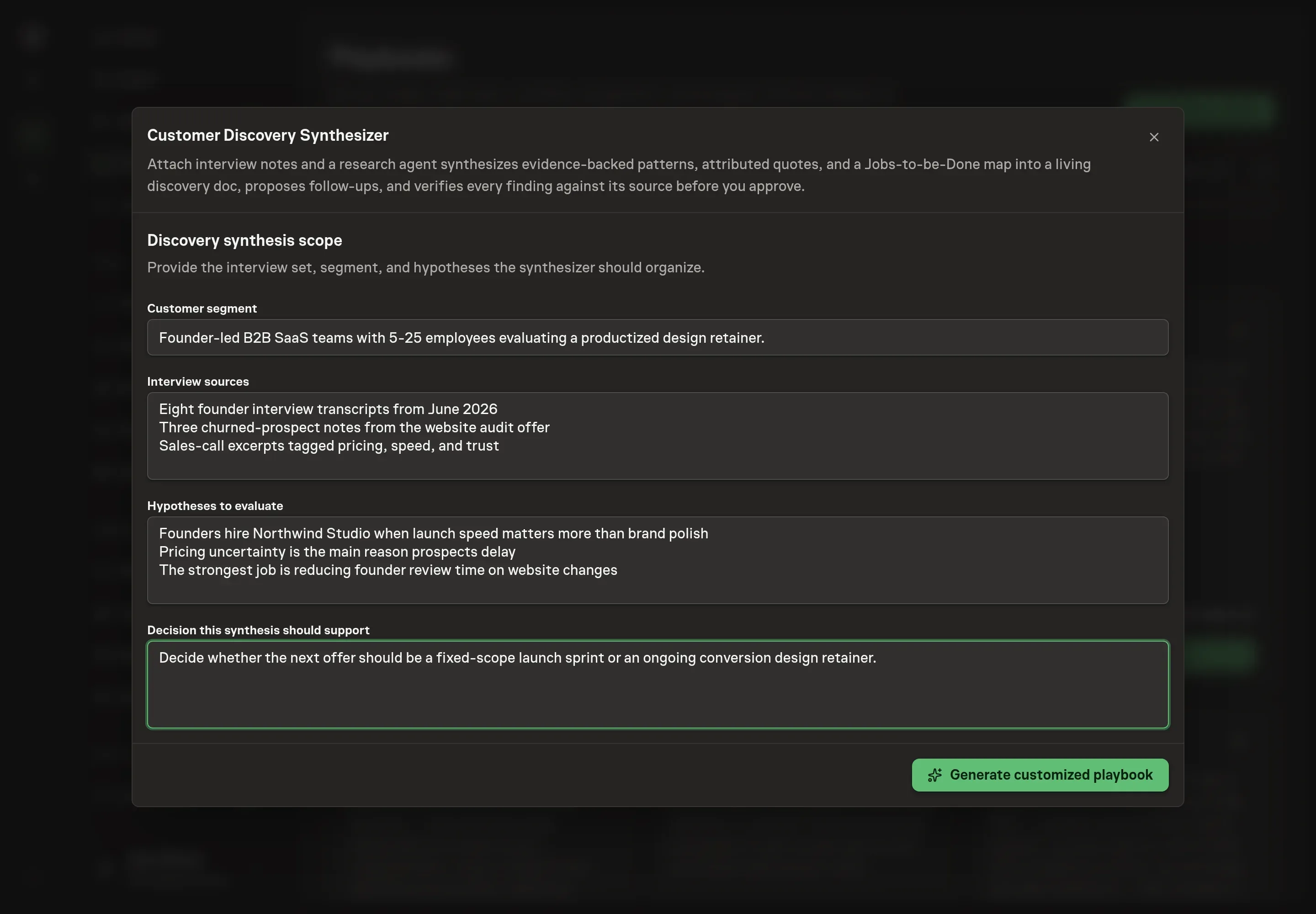 The setup form filled with Northwind Studio's customer segment, interview sources, hypotheses, and product decision for synthesis