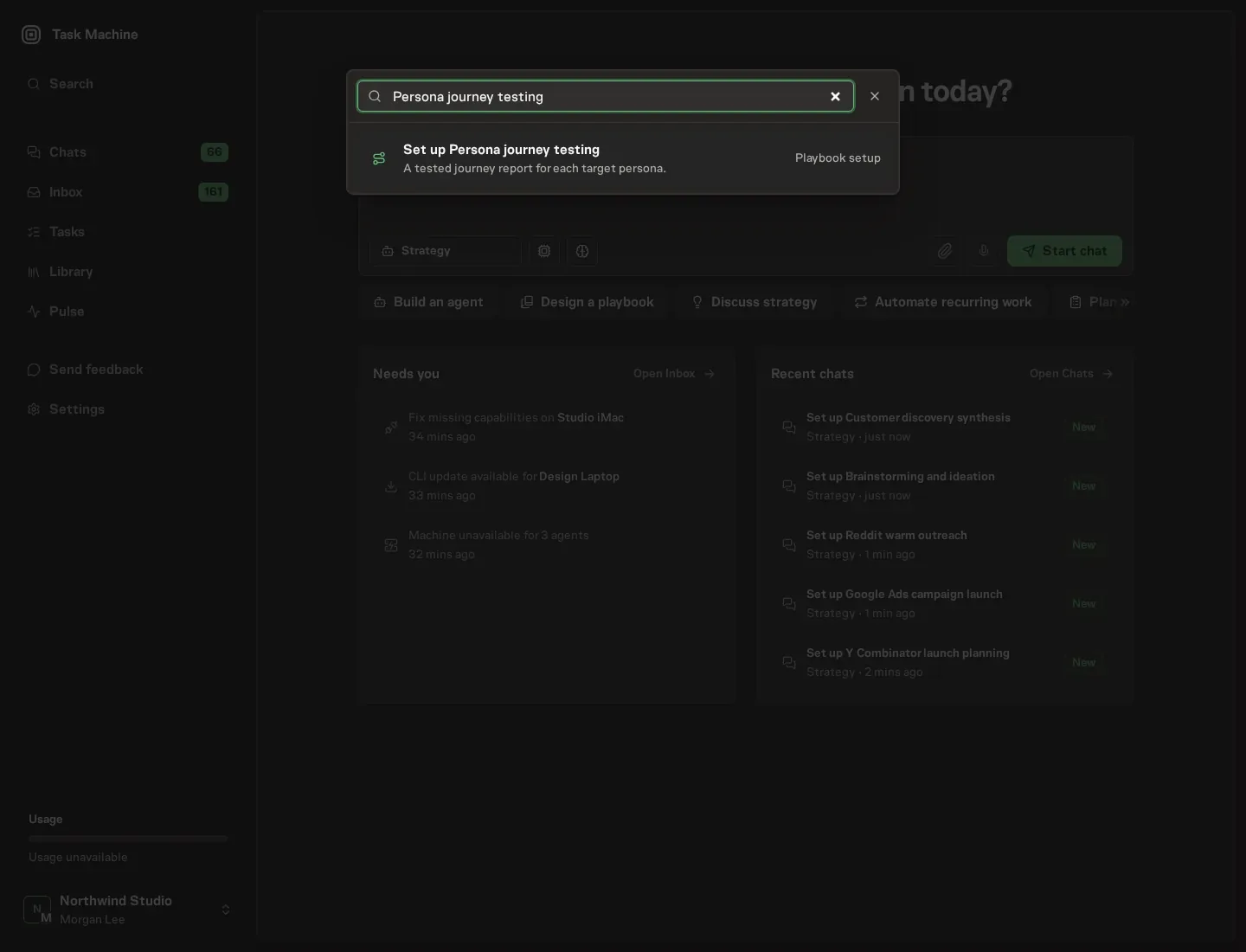 The command center offering Set up Persona journey testing