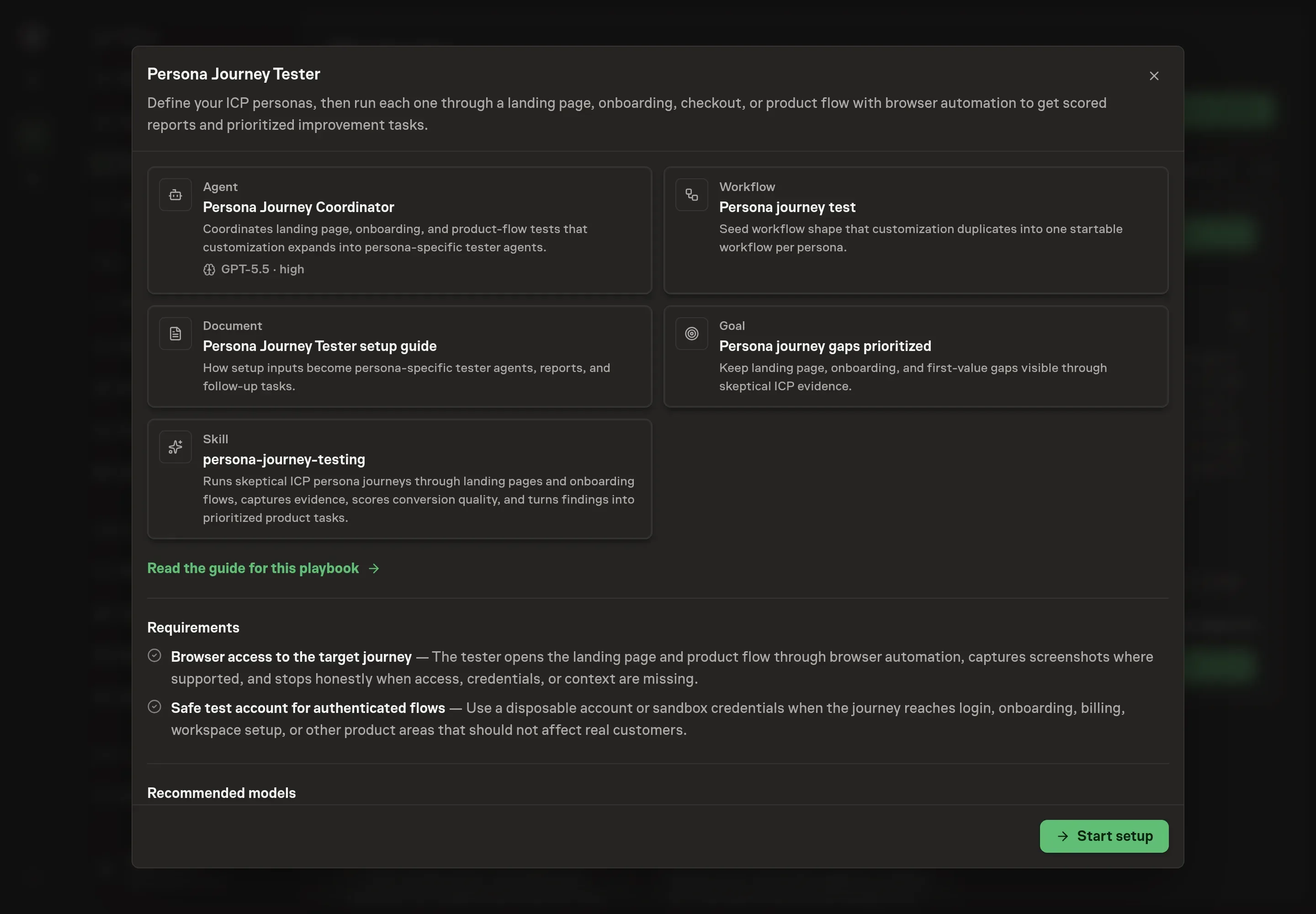 The Persona Journey Tester preview listing the coordinator, setup guide document, goal, workflow, and persona testing skill with a Start setup button