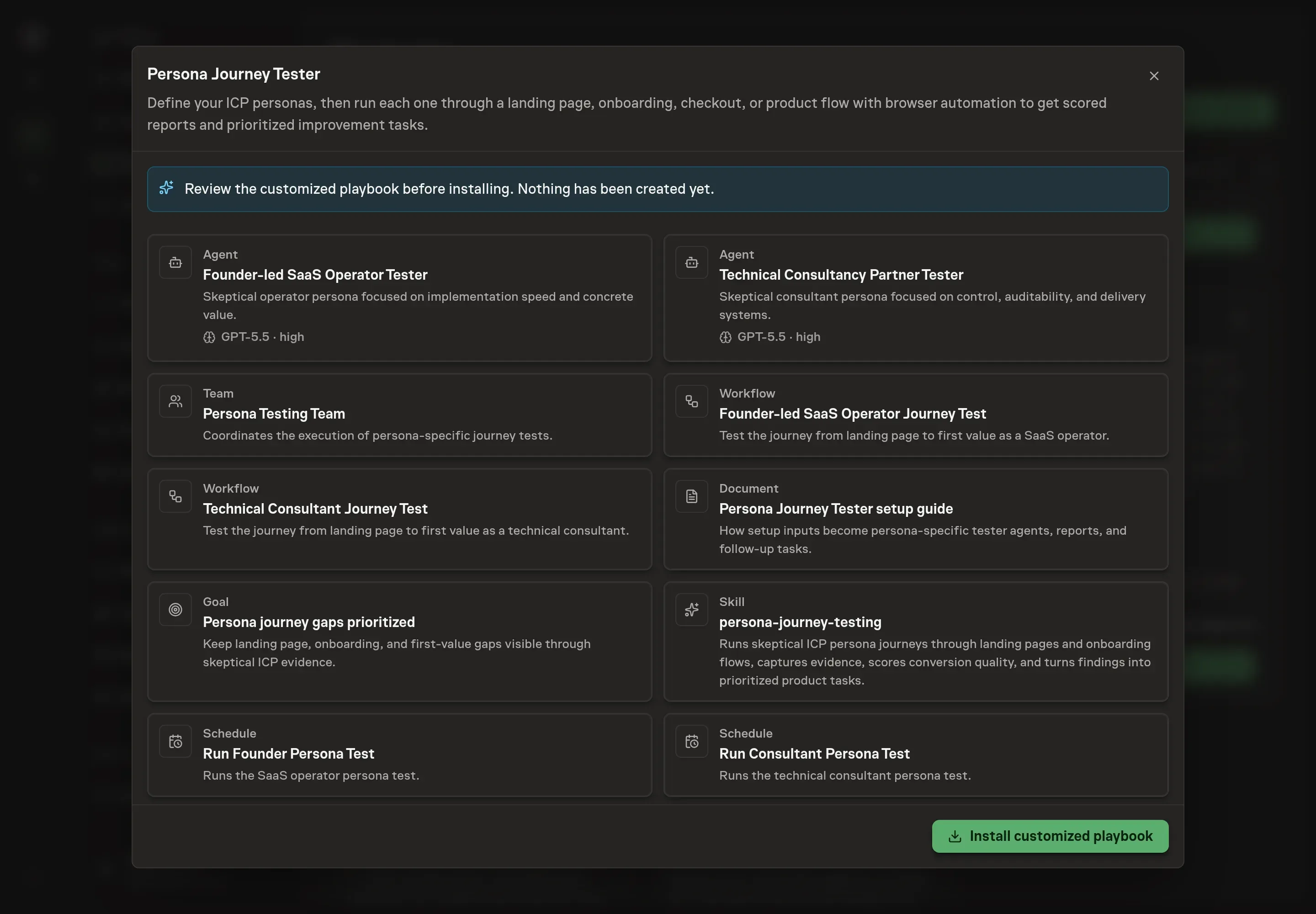 The review step showing the customized persona journey coordinator, setup guide, persona testing workflow, goal, and skill before installation