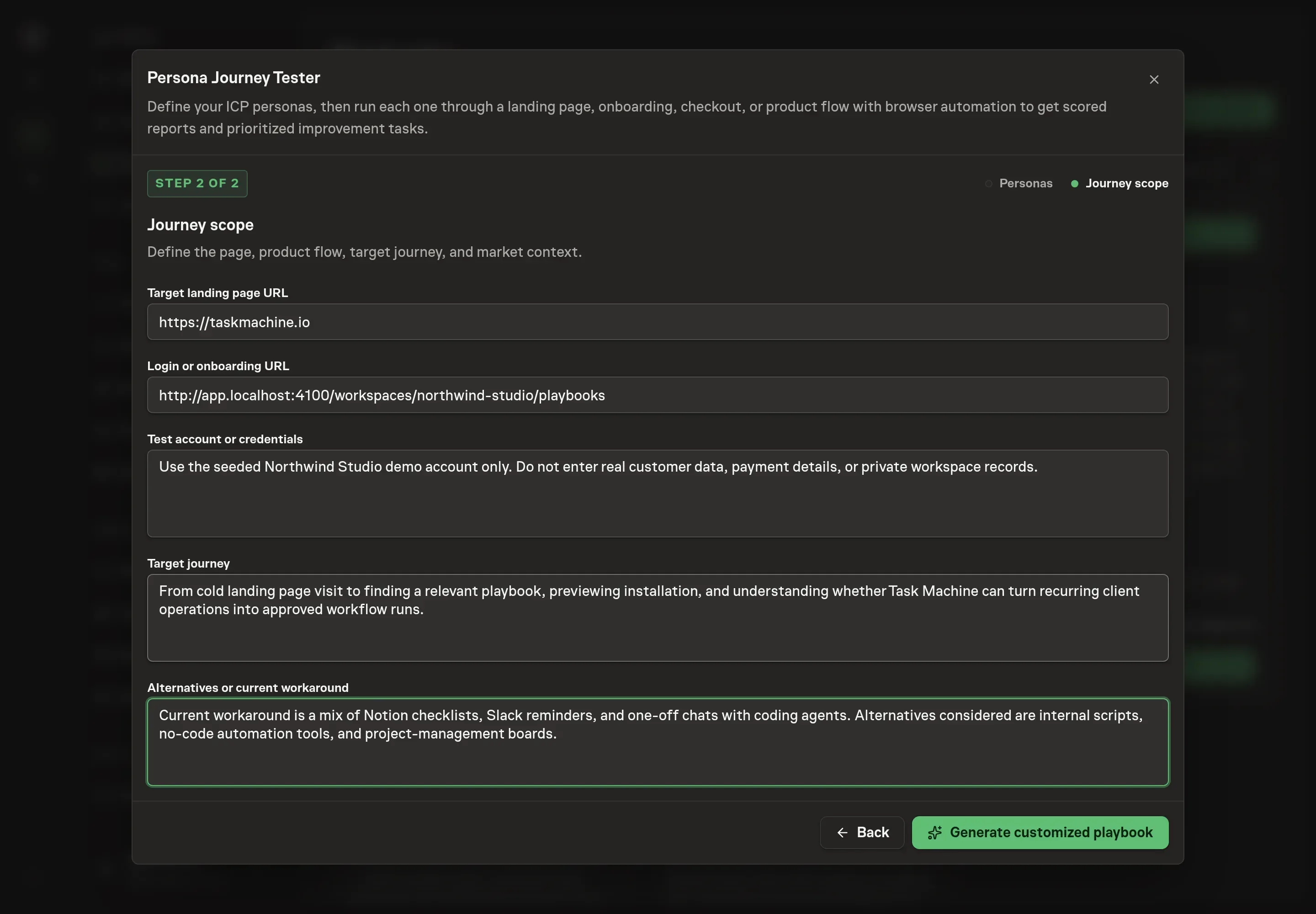 The setup form filled with Northwind Studio buyer personas, a target landing page URL, onboarding URL, safe test account notes, target journey, and alternatives