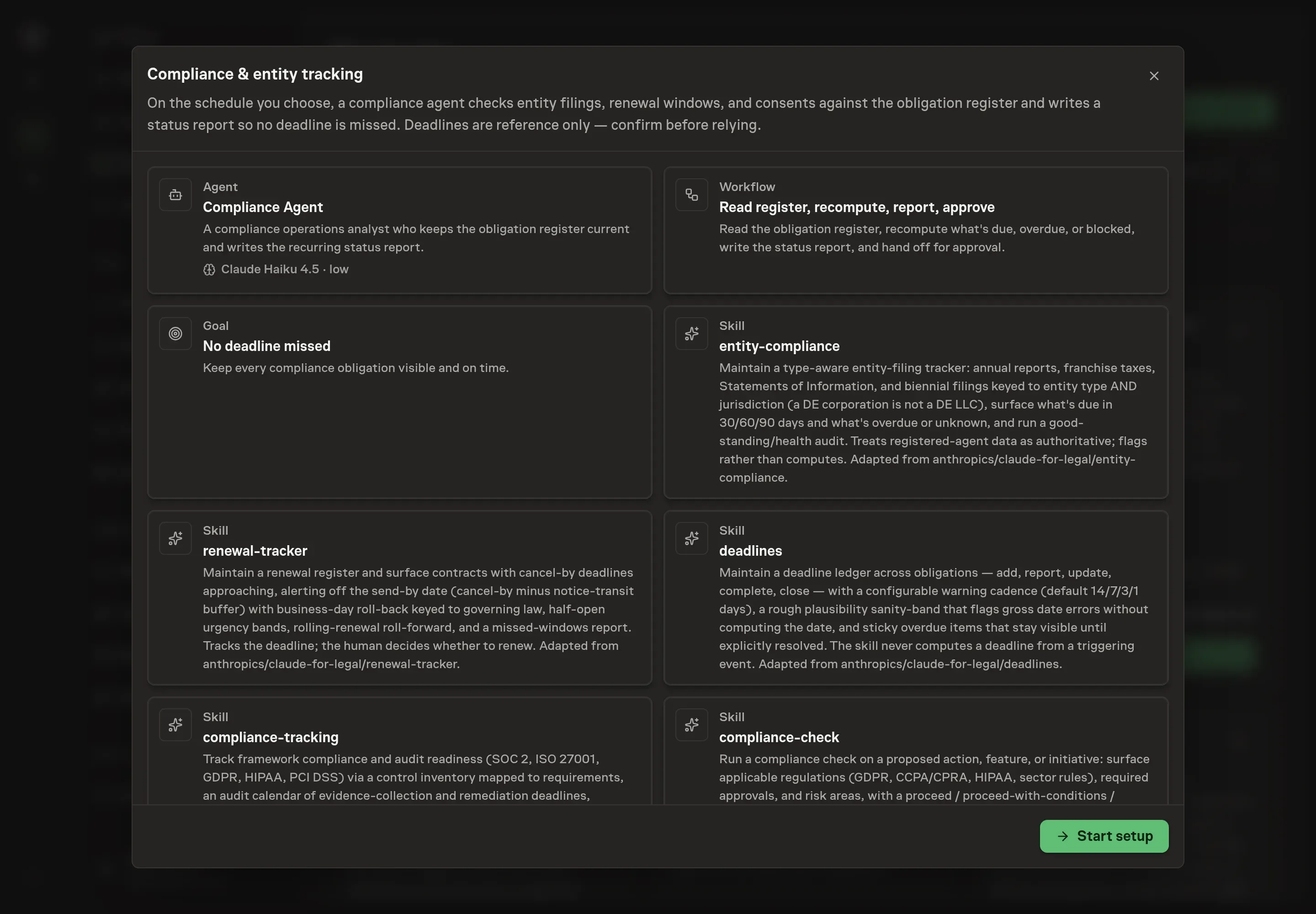 The Compliance & entity tracking preview listing the Compliance Agent, the register workflow, the No deadline missed goal, all five skills, and the recurring schedule, with a Start setup button