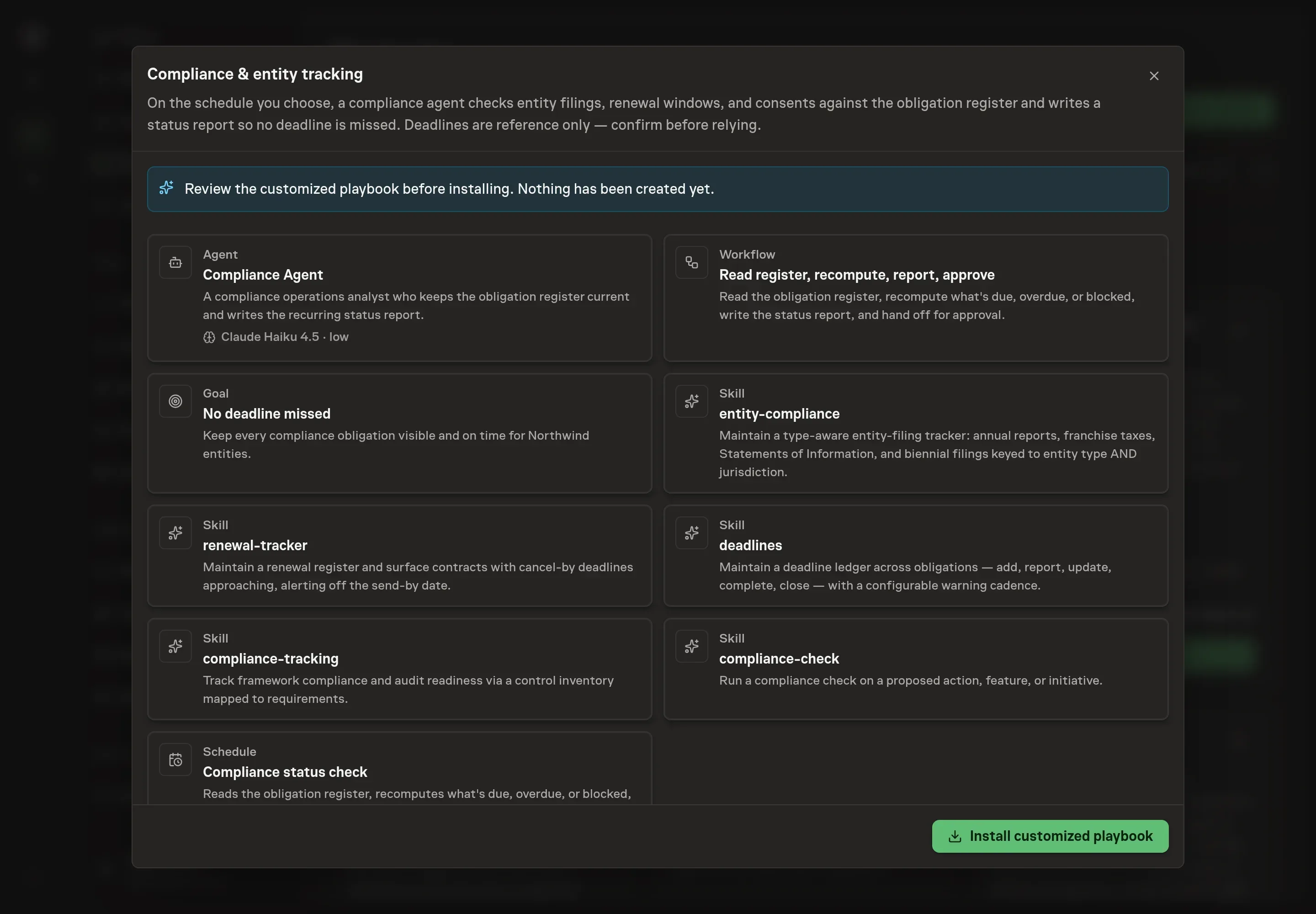 The review step showing the customized Compliance Agent, the register workflow, the goal, the five skills, and the schedule, with a banner confirming nothing has been created yet