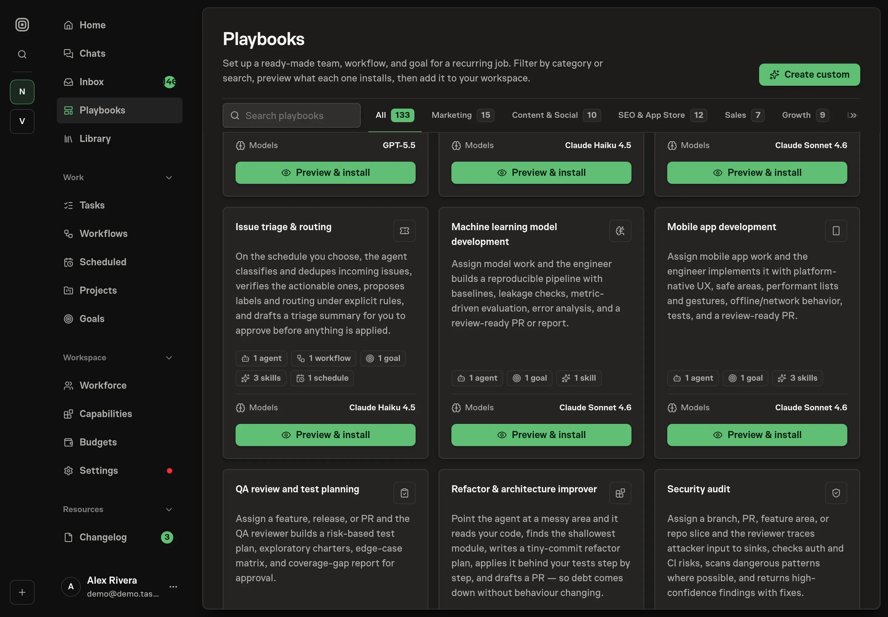 The playbook gallery with the Issue triage and routing card in the Engineering category, showing the Triage Agent, workflow, goal, skills, and schedule
