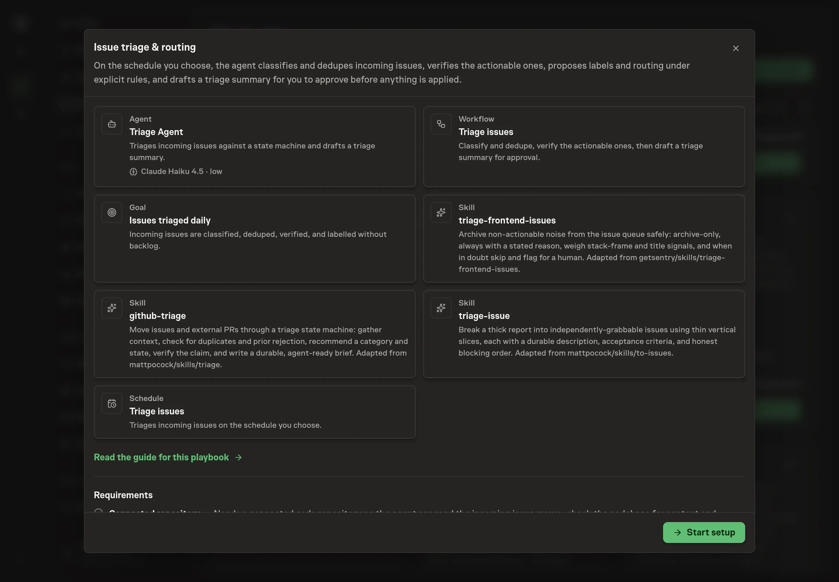The Issue triage preview listing the Triage Agent, Triage issues workflow, no-backlog goal, three triage skills, and schedule, with a Start setup button