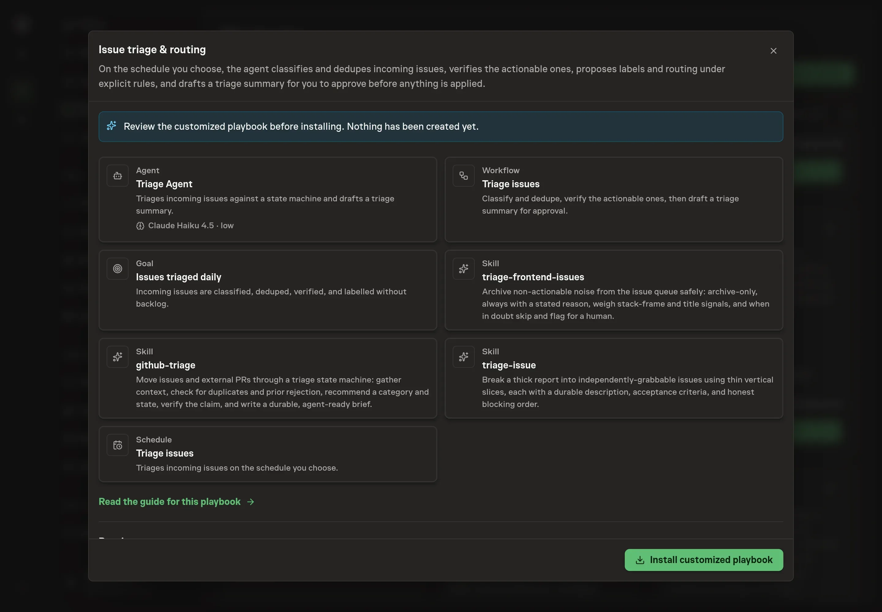 The review step showing the customized Issue triage records, including the Triage Agent, workflow, goal, skills, and schedule