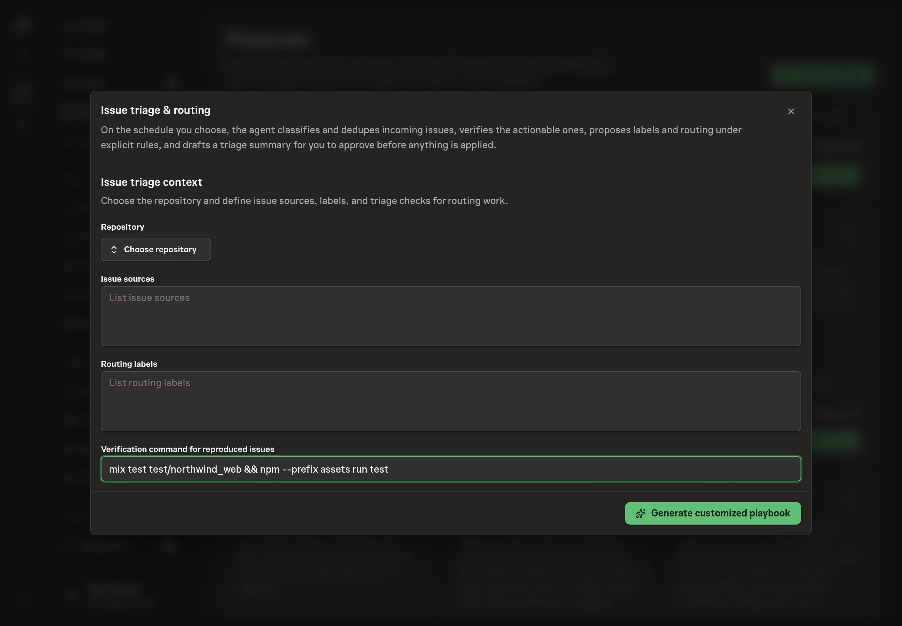 The setup form filled with Northwind Studio's repository, issue sources, routing labels, verification command, triage schedule, and timezone