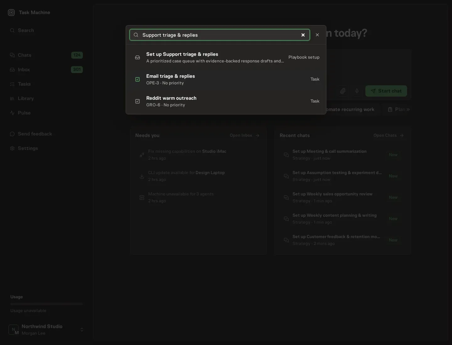 The command center offering Set up Support triage & replies