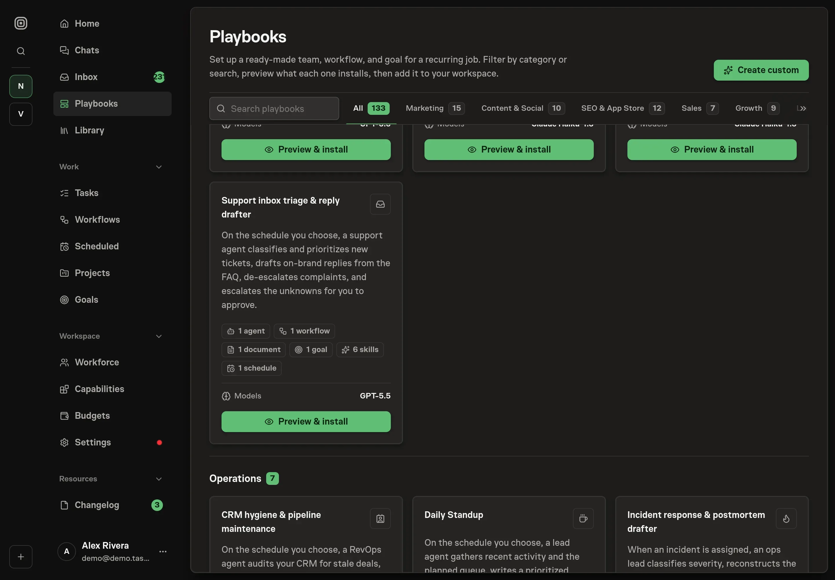 The playbook gallery with the Support inbox triage card in the Support category, listing the agent, workflow, document, skills, goal, schedule, and Intercom service