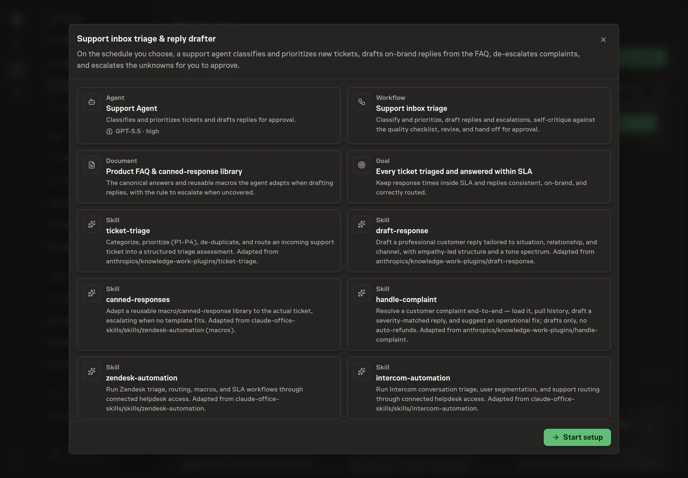 The Support inbox triage preview listing the support agent, workflow, FAQ document, six skills, recurring schedule, and Intercom as a pick-at-least-one service, with a Start setup button