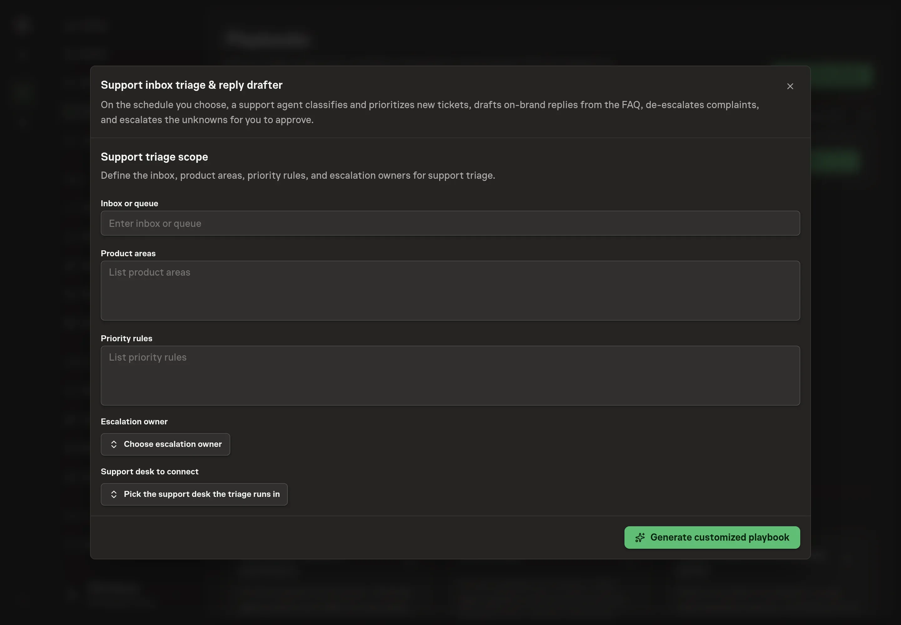 The support desk picker open on the setup step, with Intercom selected