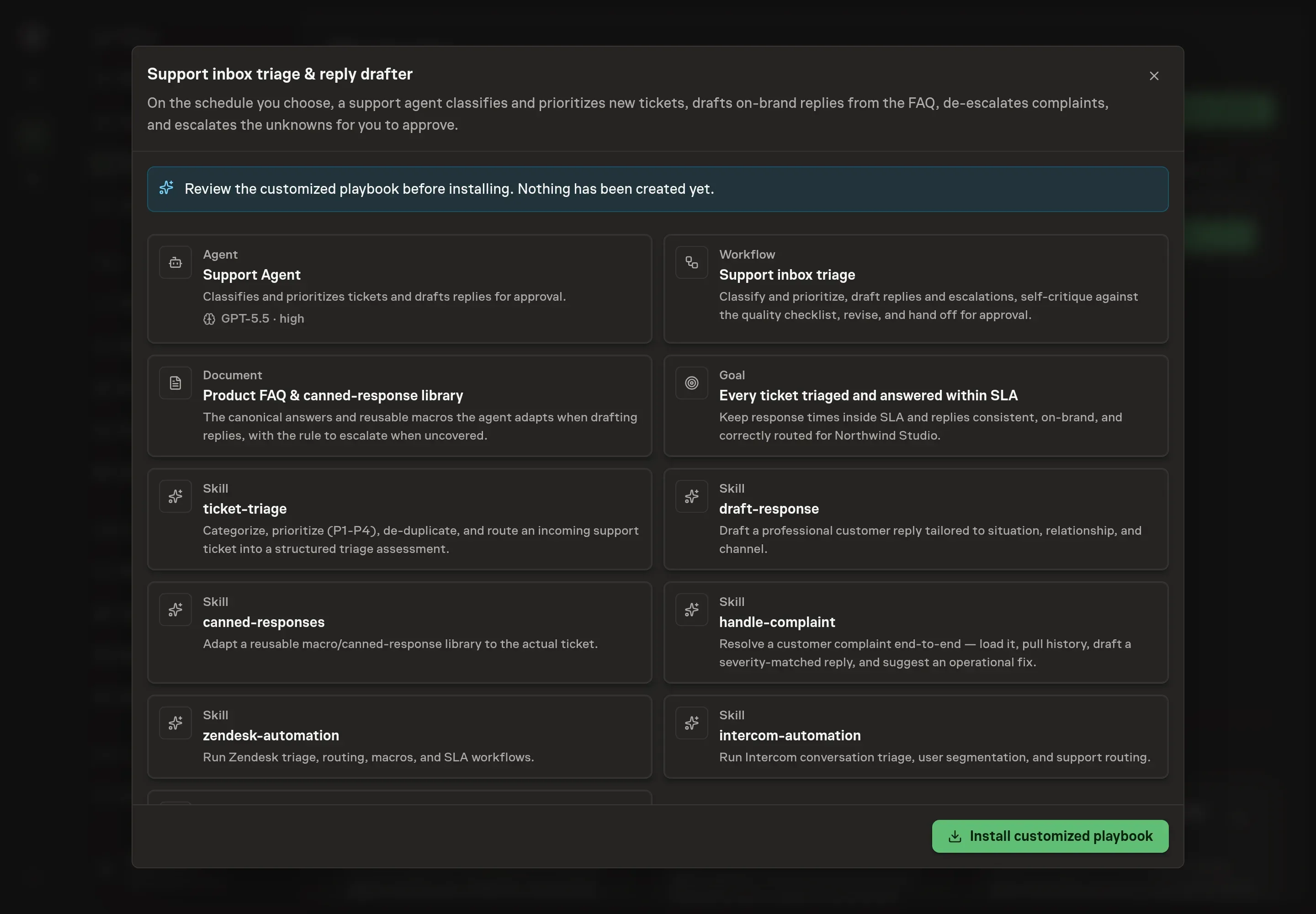 The review step showing the customized Support Agent, triage workflow, FAQ document, six skills, selected Intercom service, and support queue scope