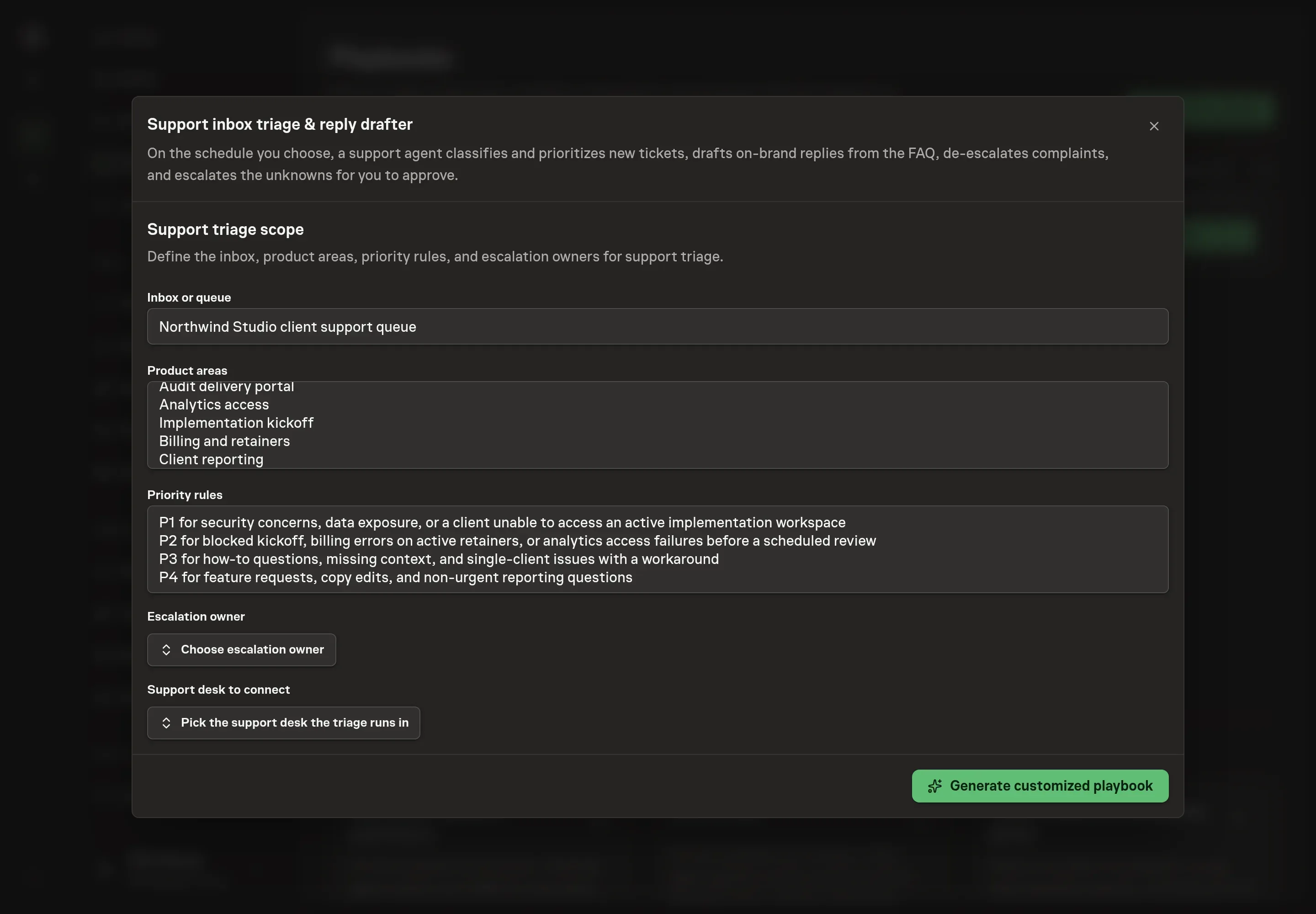 The setup form filled in with a support queue, product areas, priority rules, escalation owner, and Intercom selected