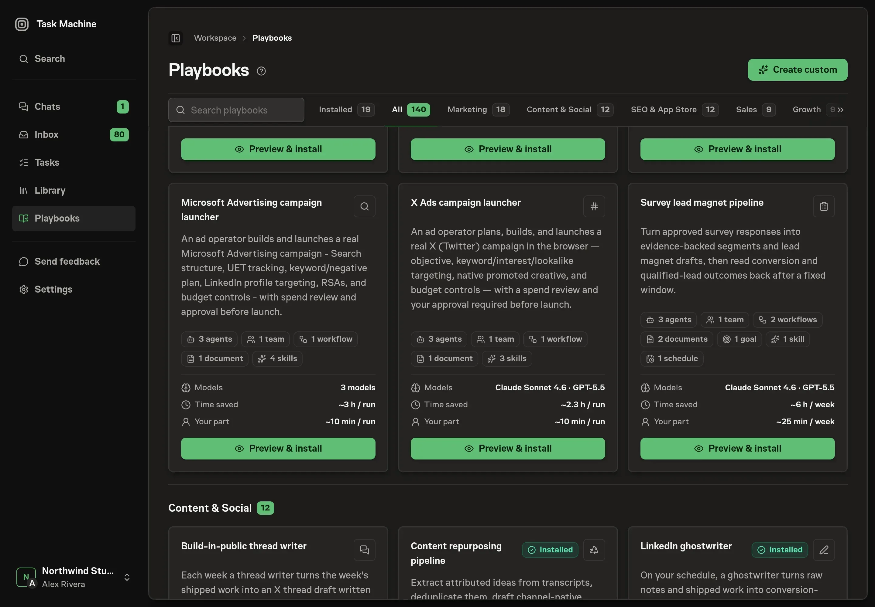 The playbook gallery with the Survey lead magnet pipeline card showing its agents, team, workflows, documents, skill, goal, and schedule