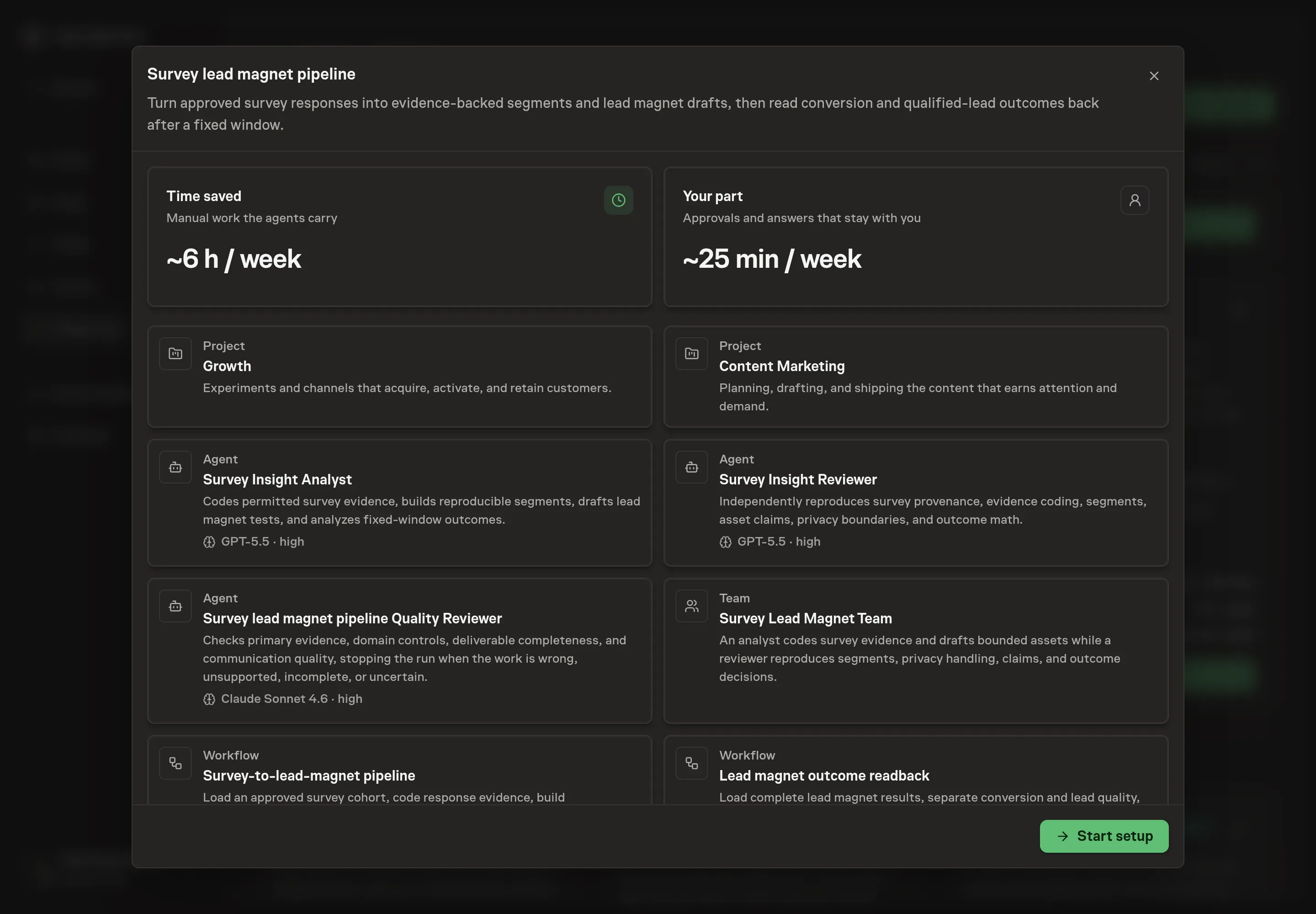 The Survey lead magnet pipeline preview showing its analyst, reviewer, quality reviewer, team, two workflows, and segmentation register before setup