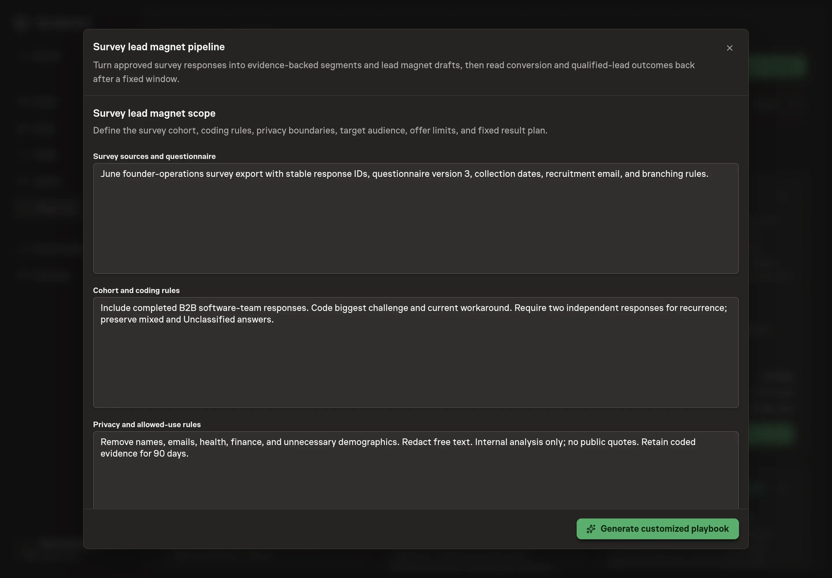 The survey lead magnet setup form showing survey sources, cohort and coding rules, and privacy and allowed-use rules filled in