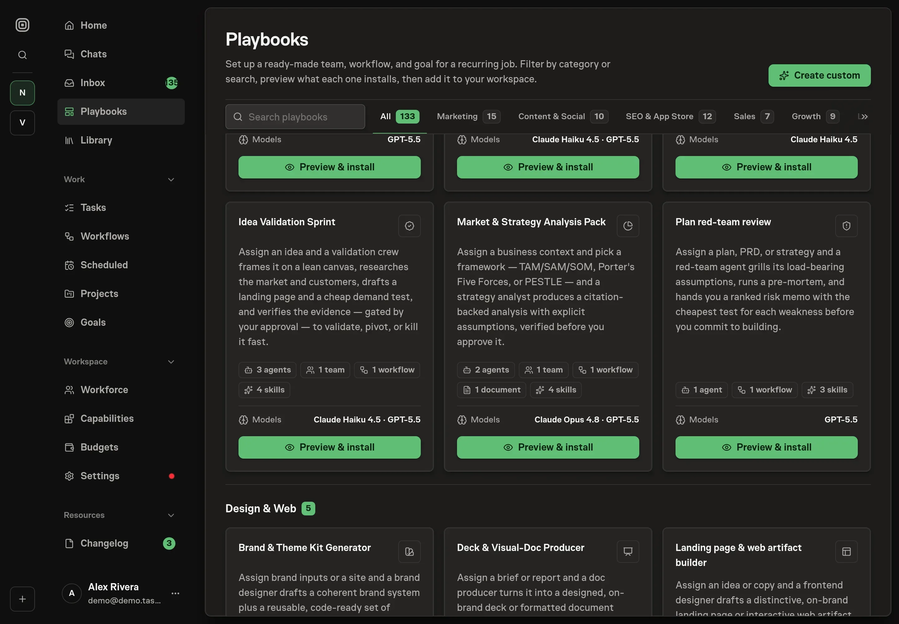 The playbook gallery with the Idea Validation Sprint card in the Research category, listing the validation crew, agents, workflow, skills, and follow-up