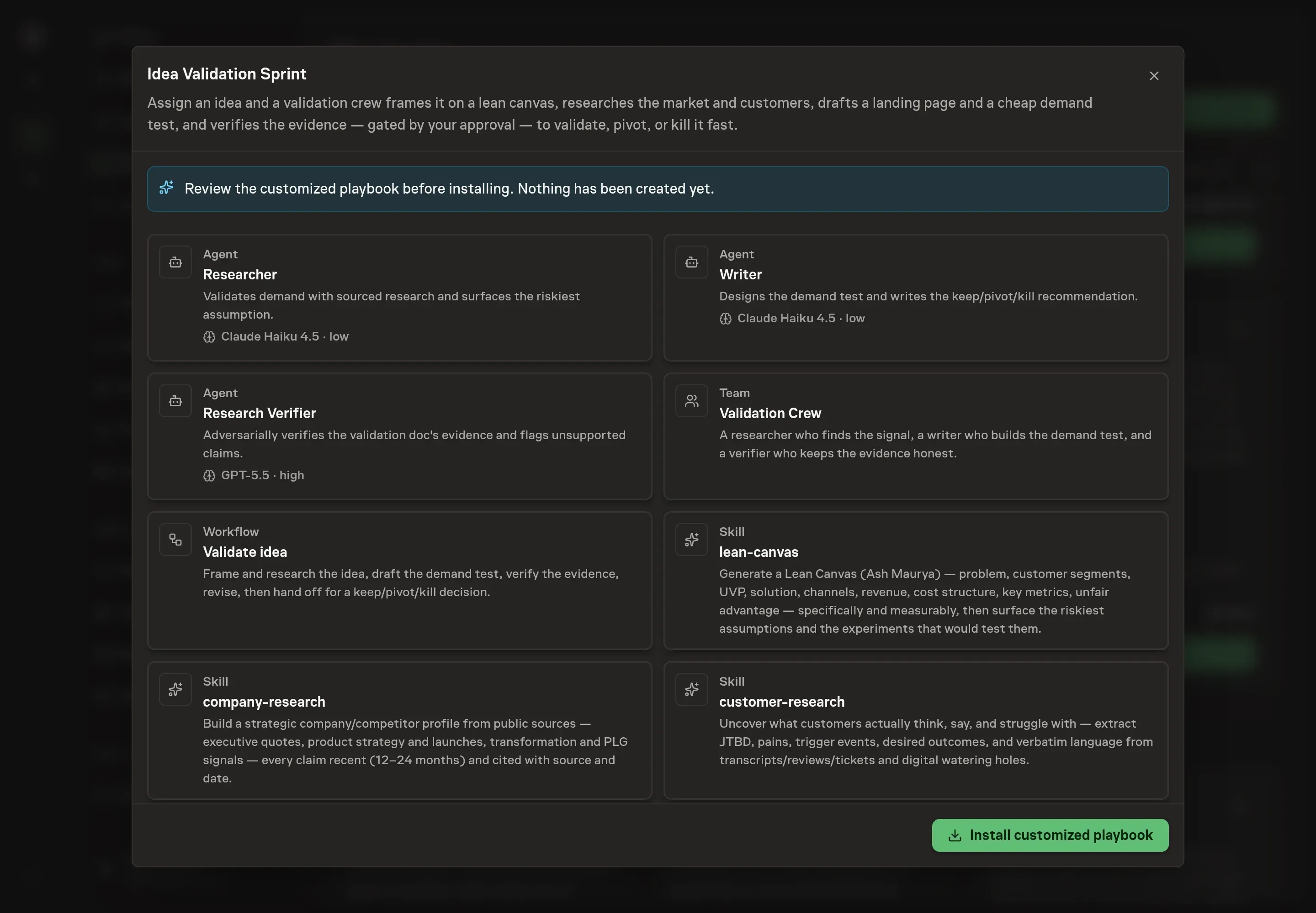 The review step showing the customized Idea Validation Sprint crew, agents, workflow, and skills ready to install
