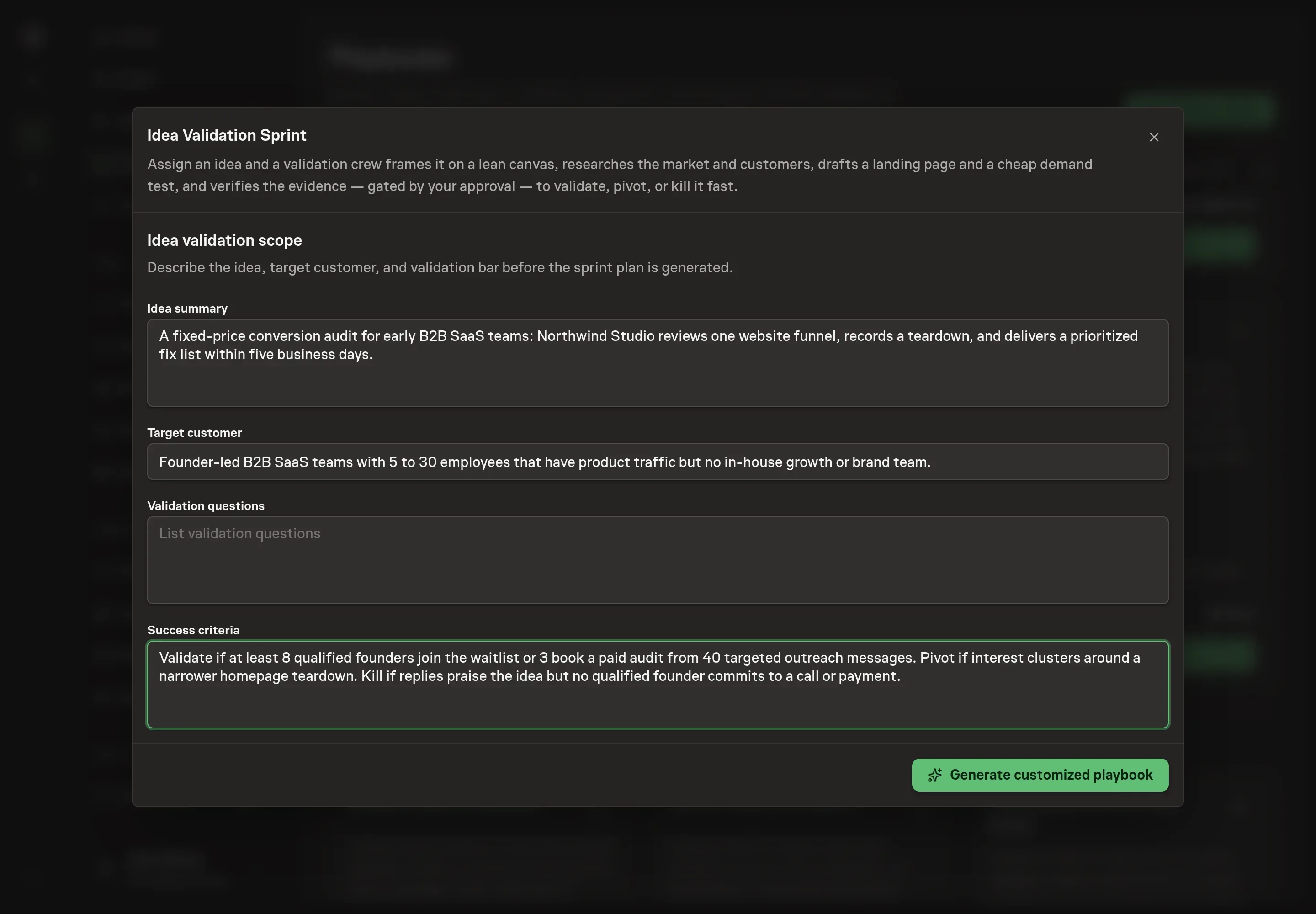 The setup form filled with a Northwind Studio idea summary, target customer, validation questions, and success criteria