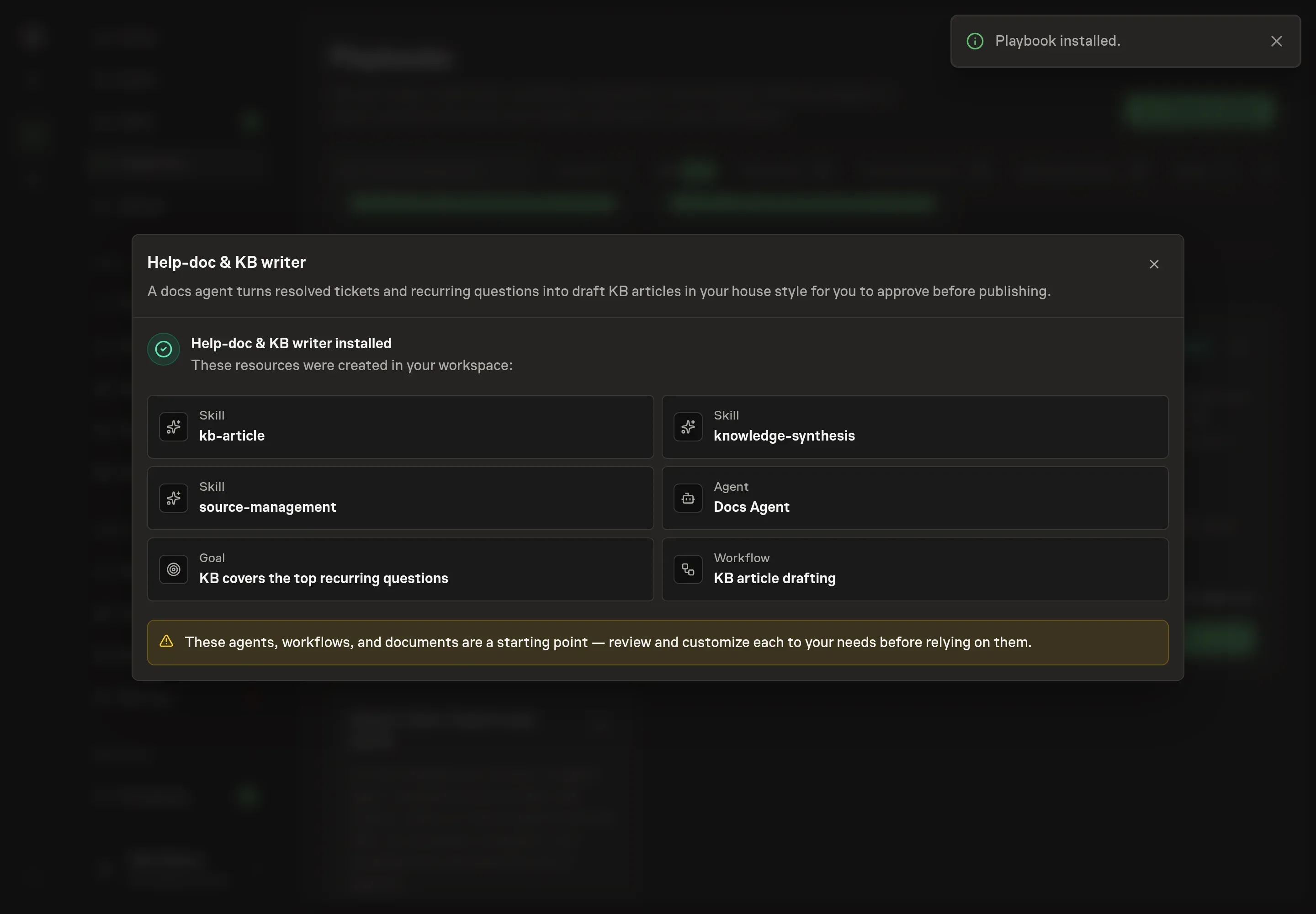 The install confirmation listing the created Docs Agent, KB article drafting workflow, goal, skills, and start-workflow follow-up