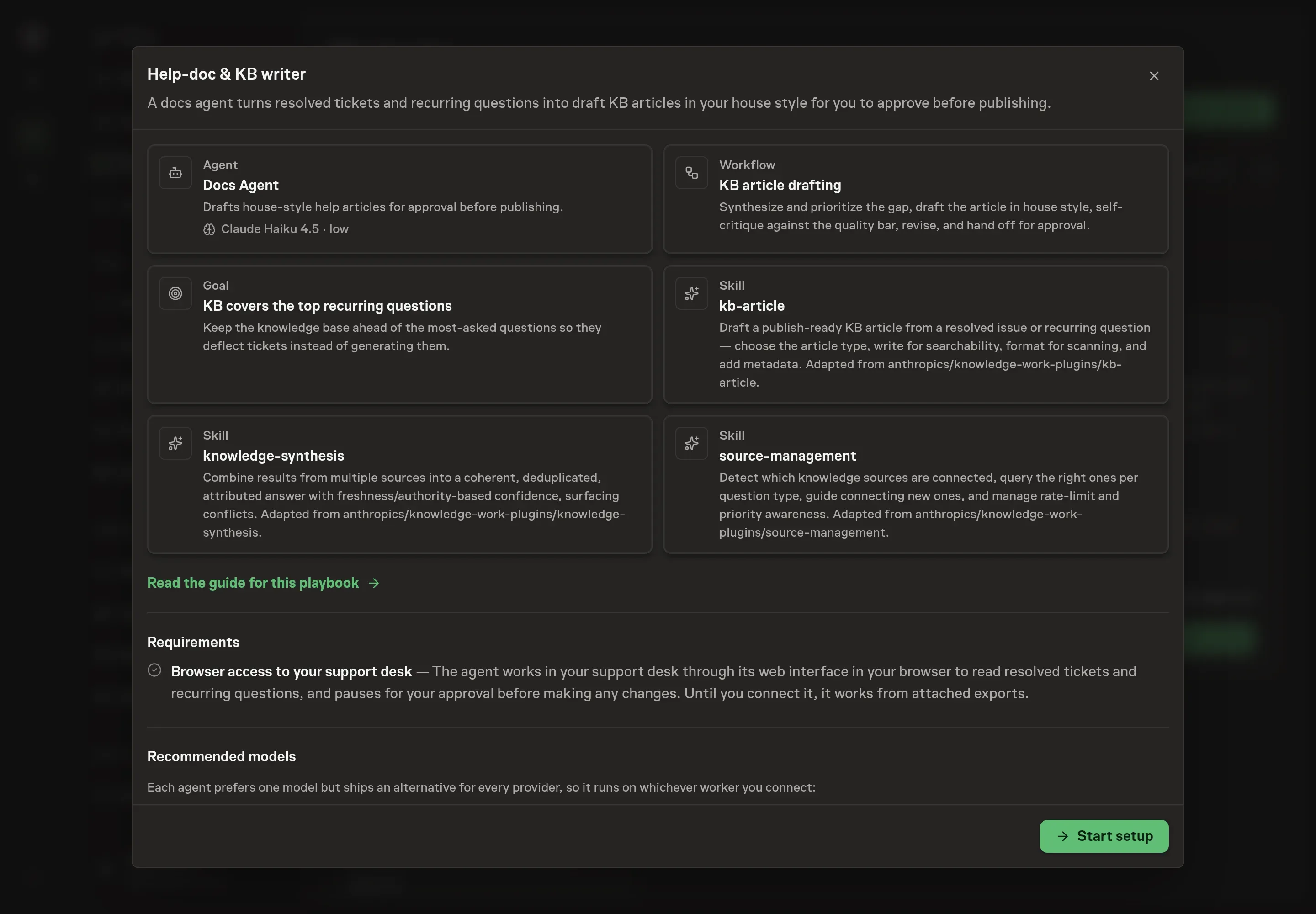 The Help-doc & KB writer preview listing the Docs Agent, KB article drafting workflow, goal, skills, and Start setup button