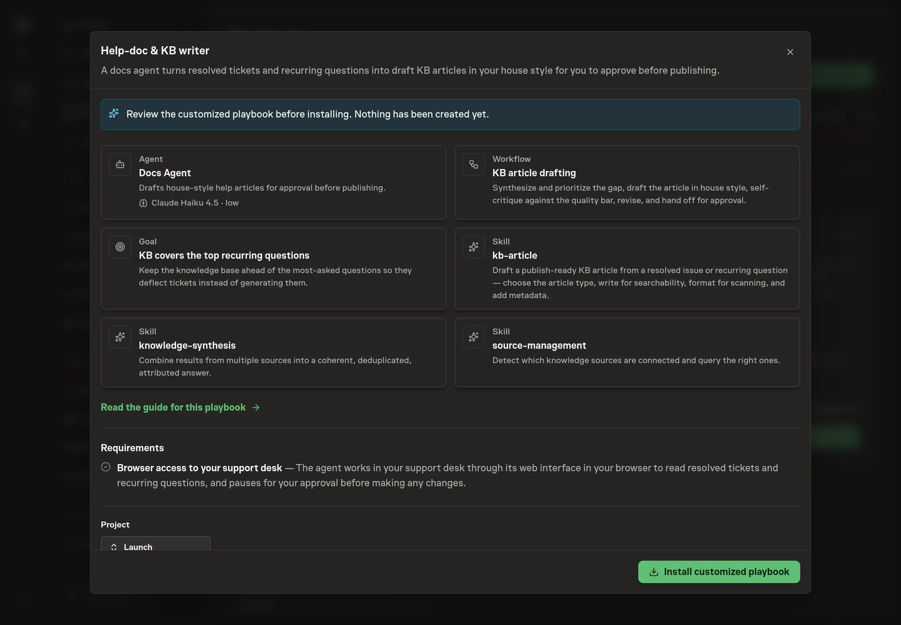 The review step showing the customized Docs Agent, KB article drafting workflow, goal, and skills ready to install