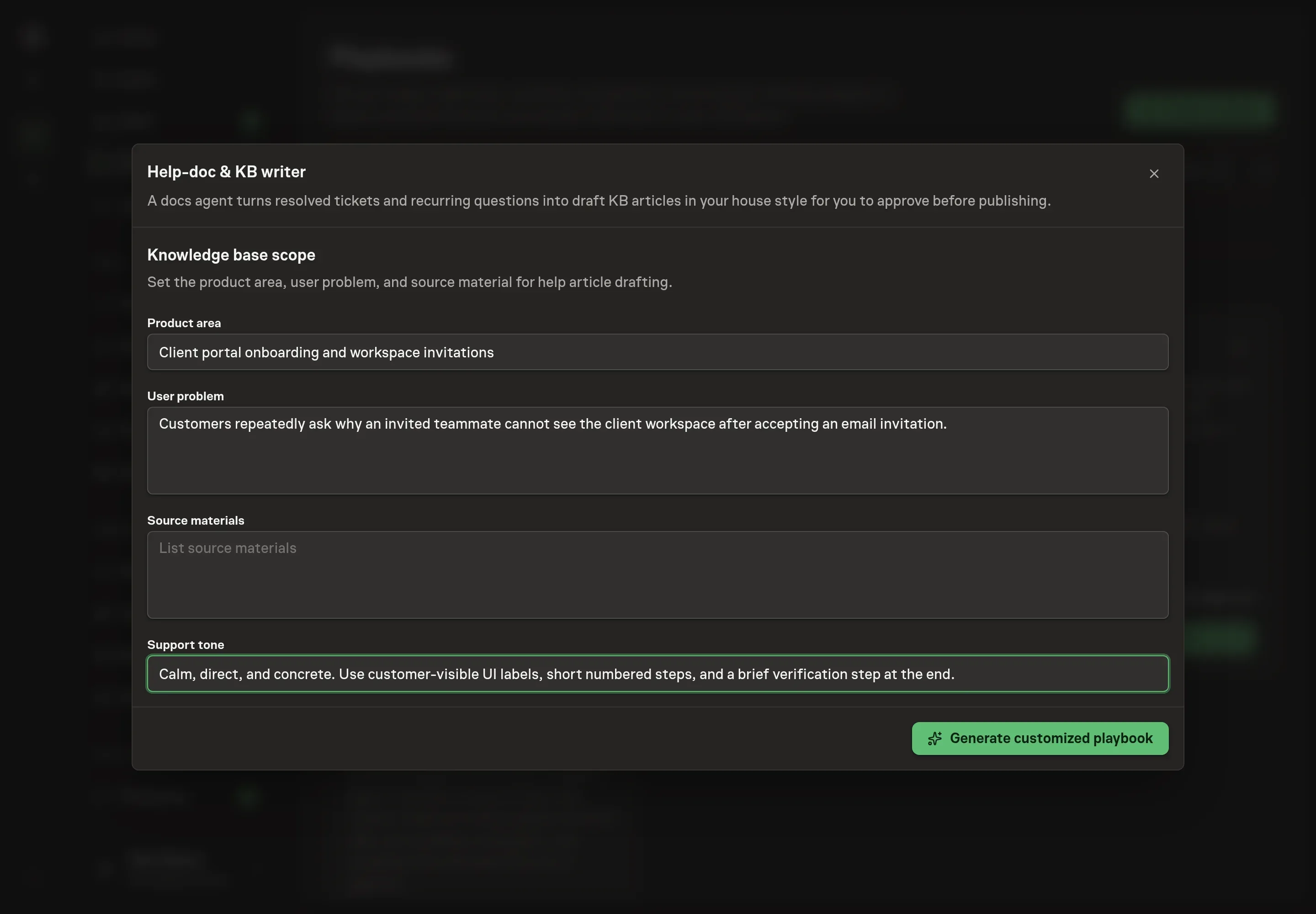 The setup form filled with the product area, recurring user problem, source materials, and Northwind Studio support tone