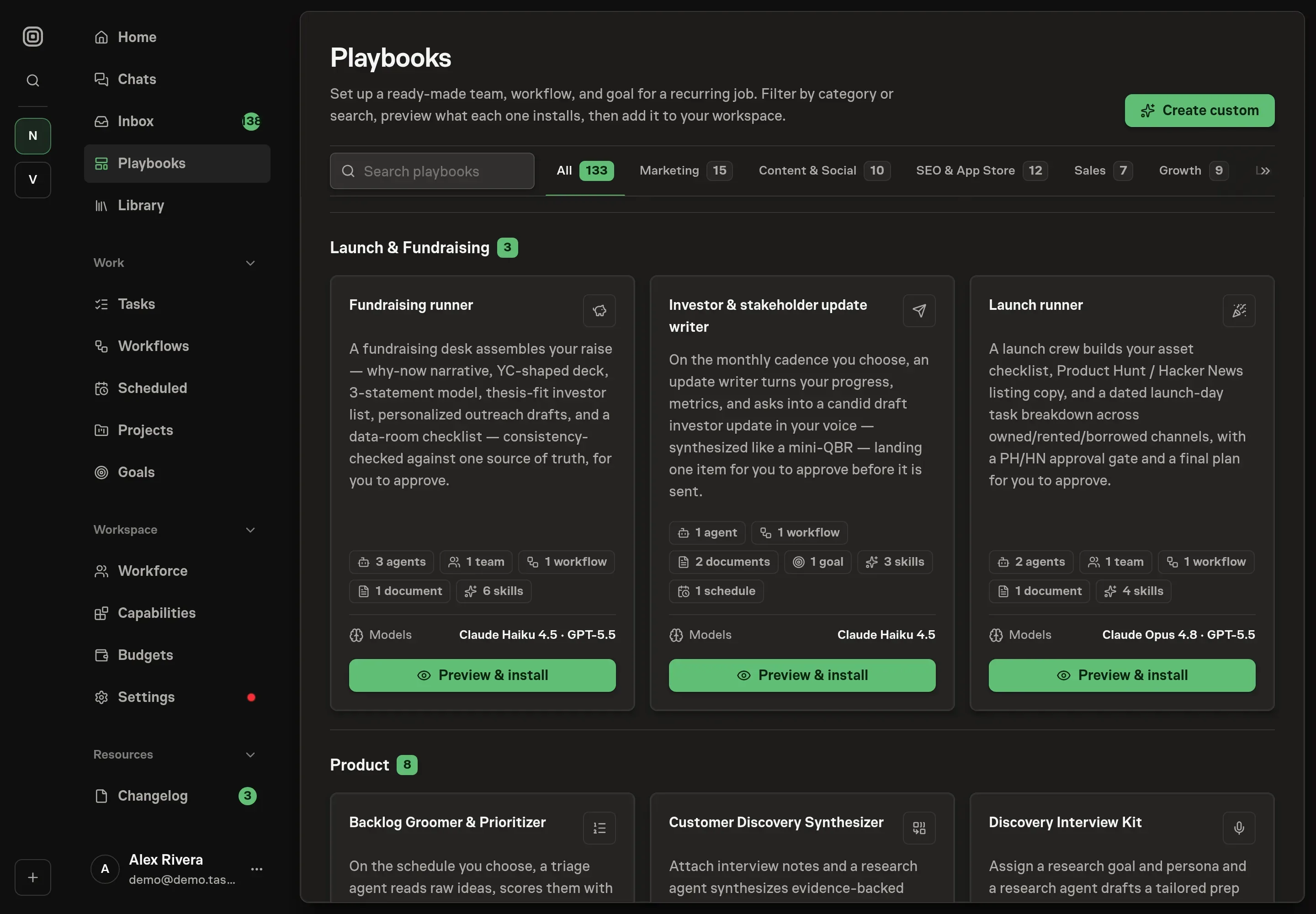 The playbook gallery with the Investor and stakeholder update writer card in the Launch category, showing the agent, workflow, documents, goal, skills, and schedule
