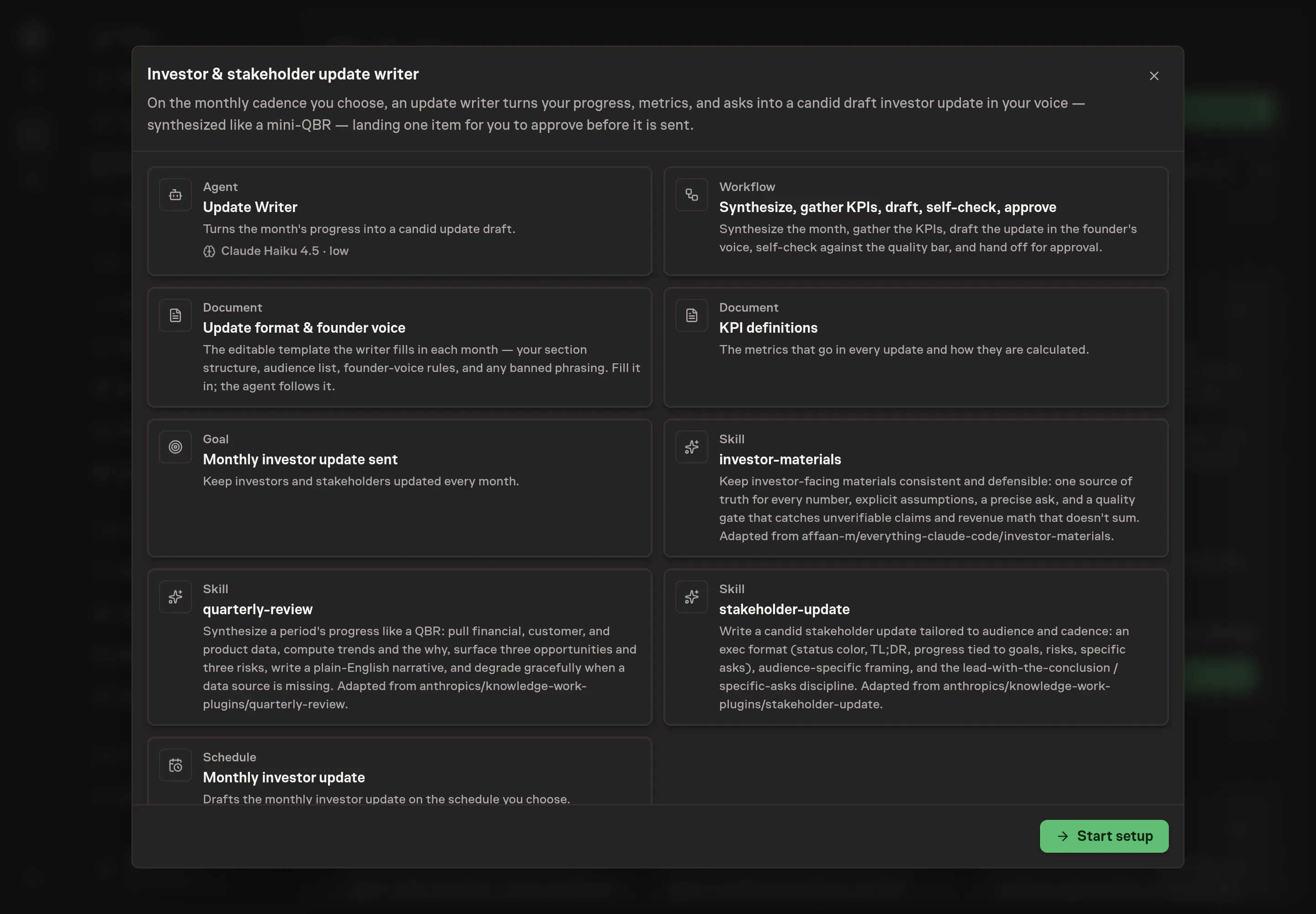 The Investor update writer preview listing the Update Writer agent, monthly workflow, update format document, KPI definitions document, goal, skills, and schedule, with a Start setup button