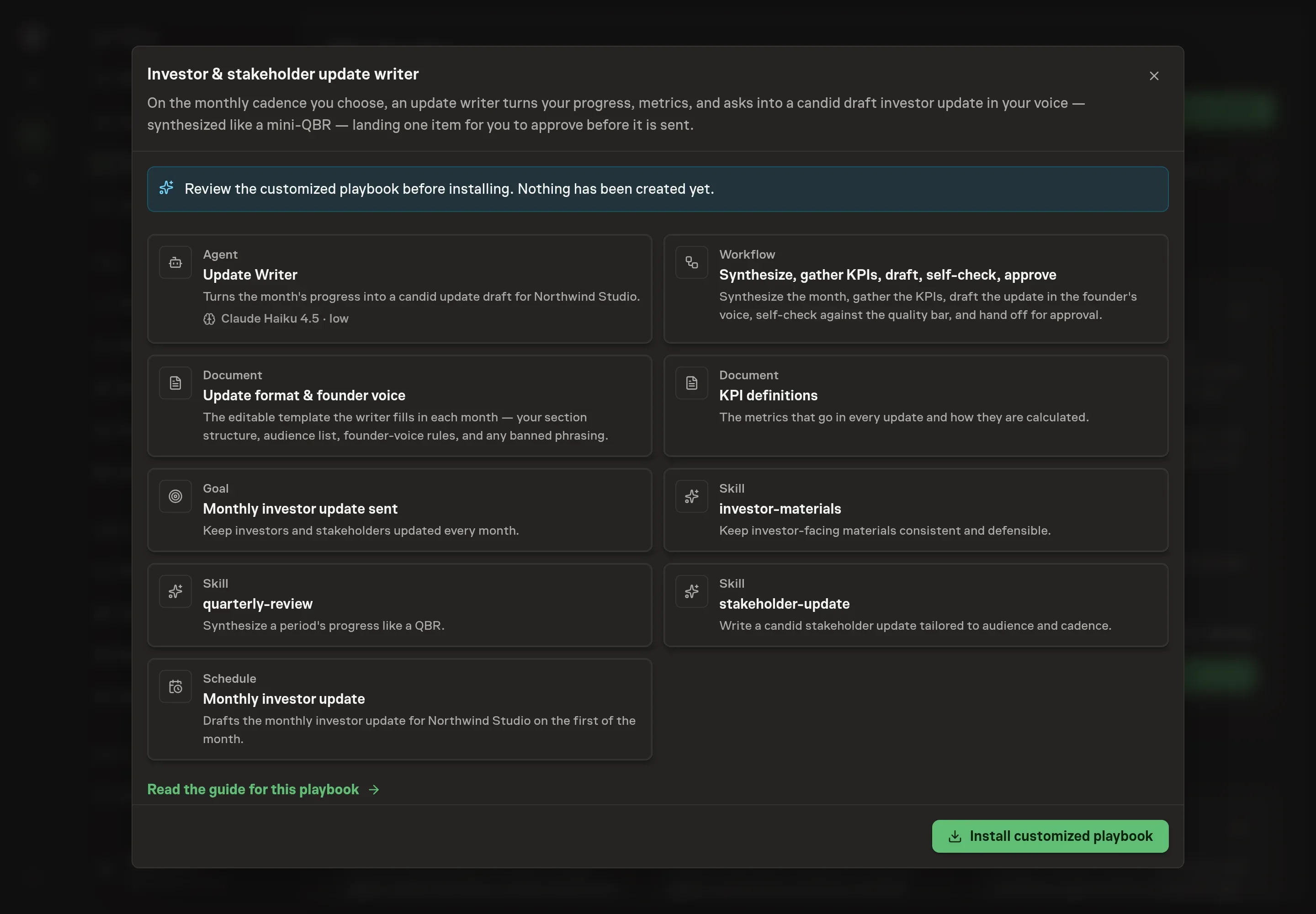 The review step showing the customized Investor update writer records, including the Update Writer agent, documents, workflow, goal, and monthly schedule