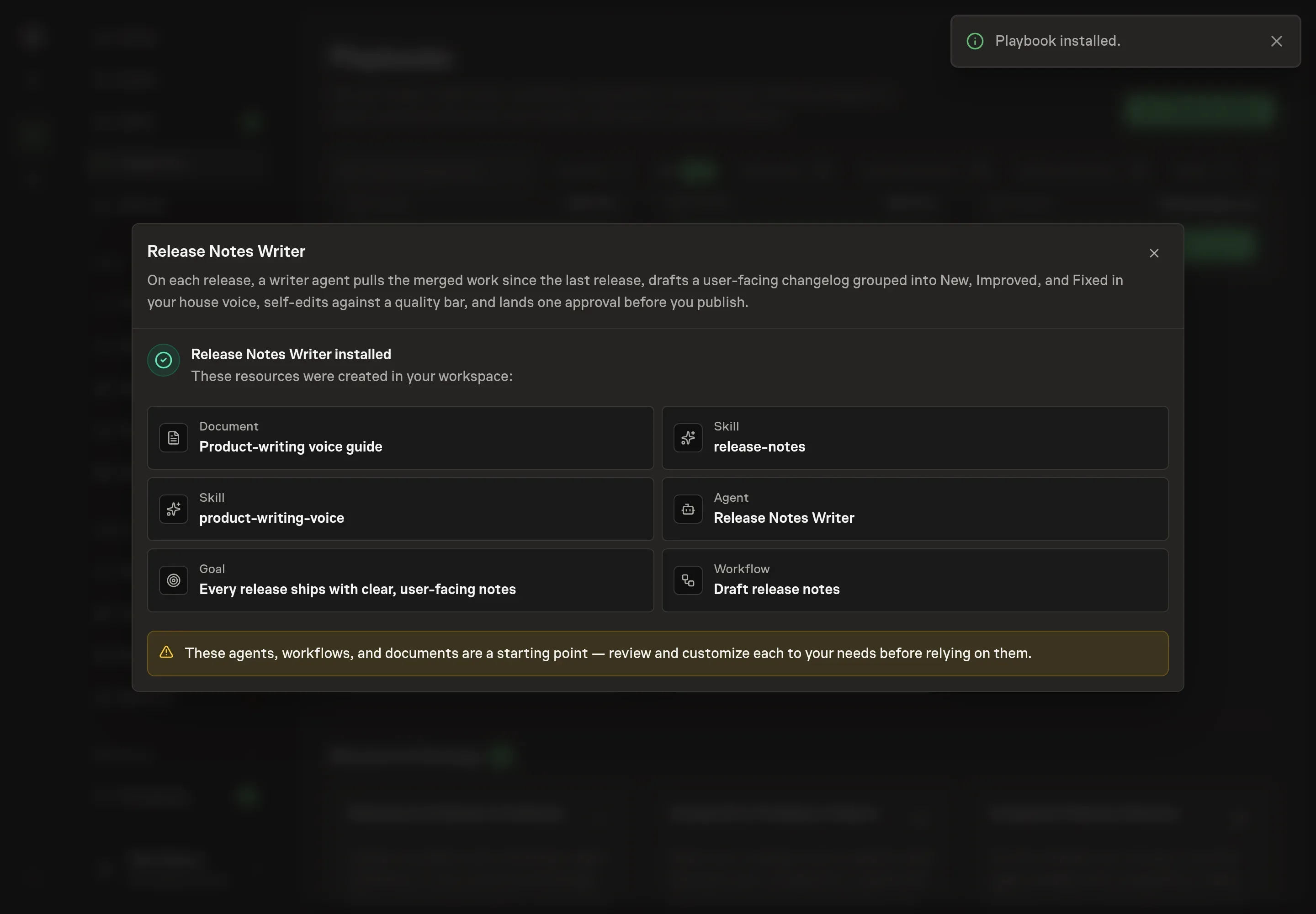 The install confirmation listing the created release notes writer, workflow, voice guide, goal, and content folder