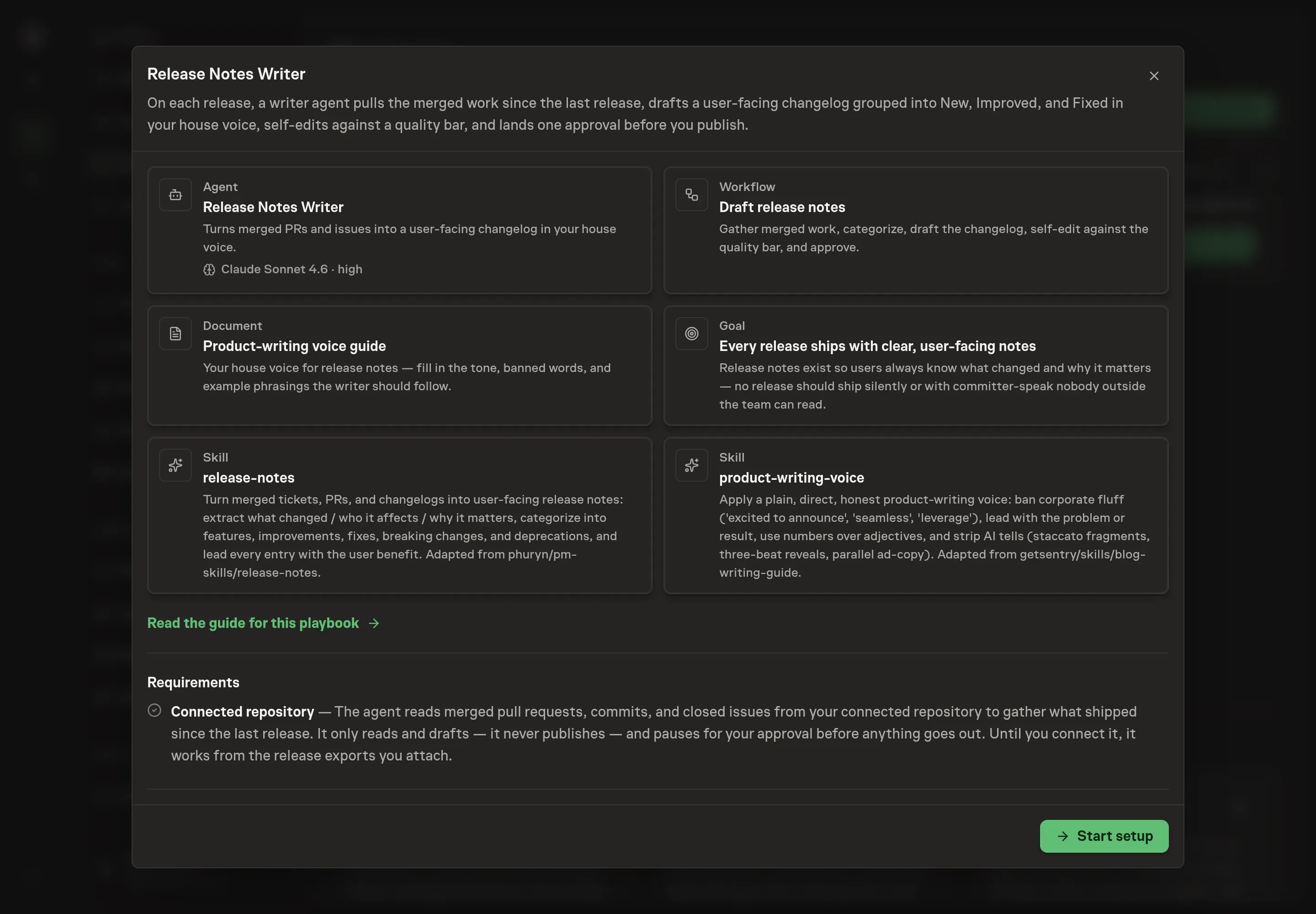 The Release Notes Writer preview showing the writer agent, draft workflow, voice guide document, goal, and release notes folder, with a Start setup button