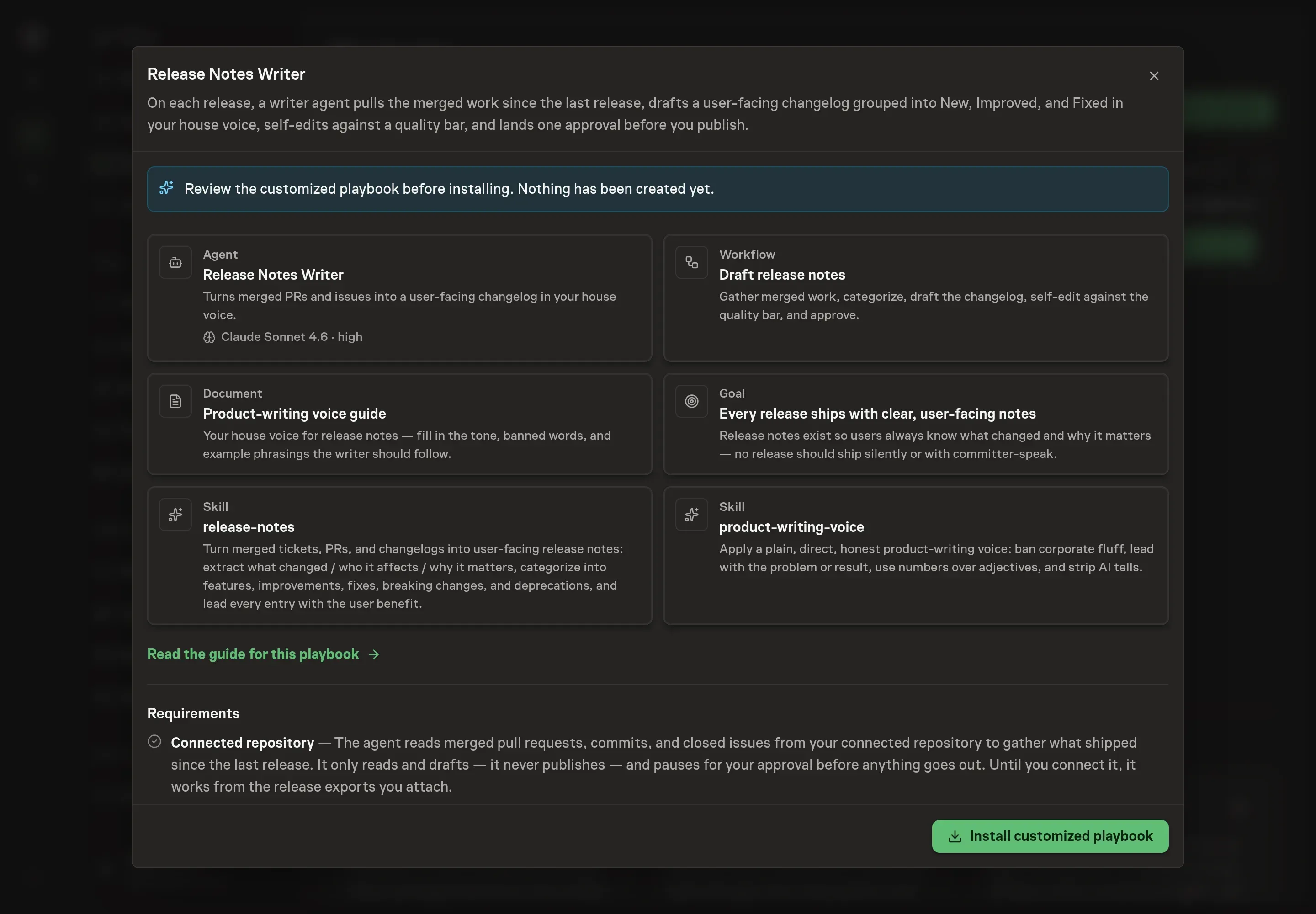 The review step showing the customized Release Notes Writer agent, workflow, Product-writing voice guide, goal, and content folder