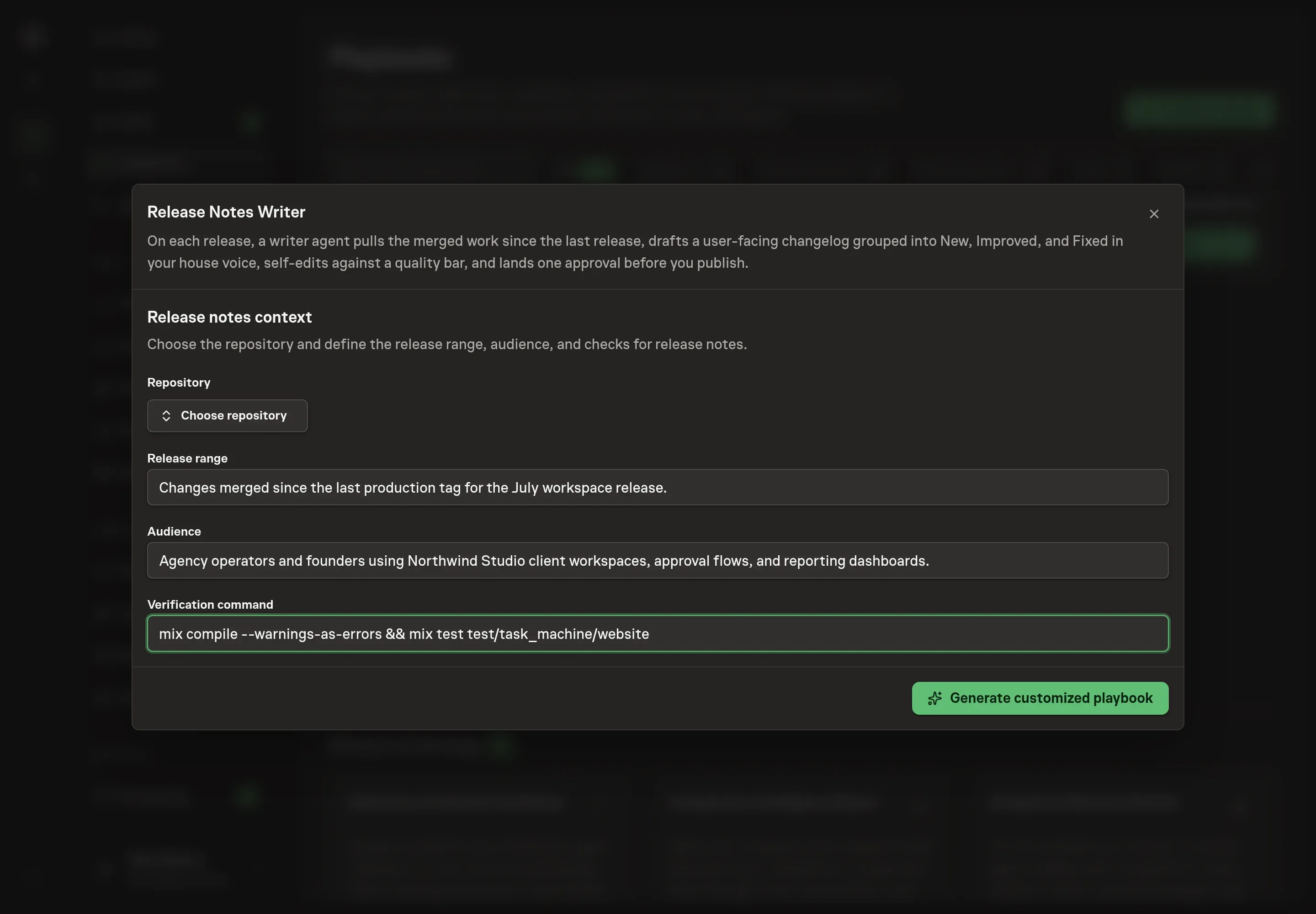 The setup form filled with repository context, release range, audience, and verification command for Northwind Studio