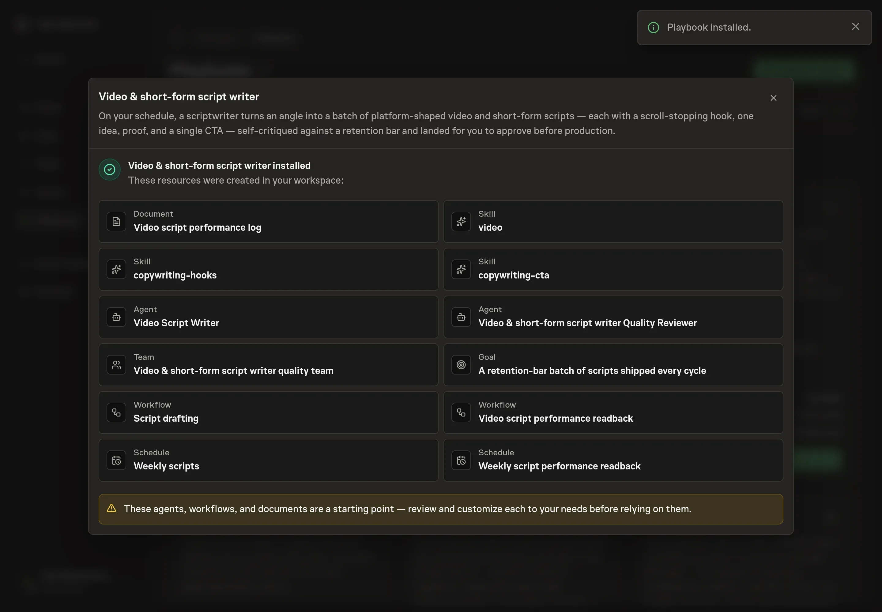 The install confirmation listing the created Video Script Writer records and follow-up tasks