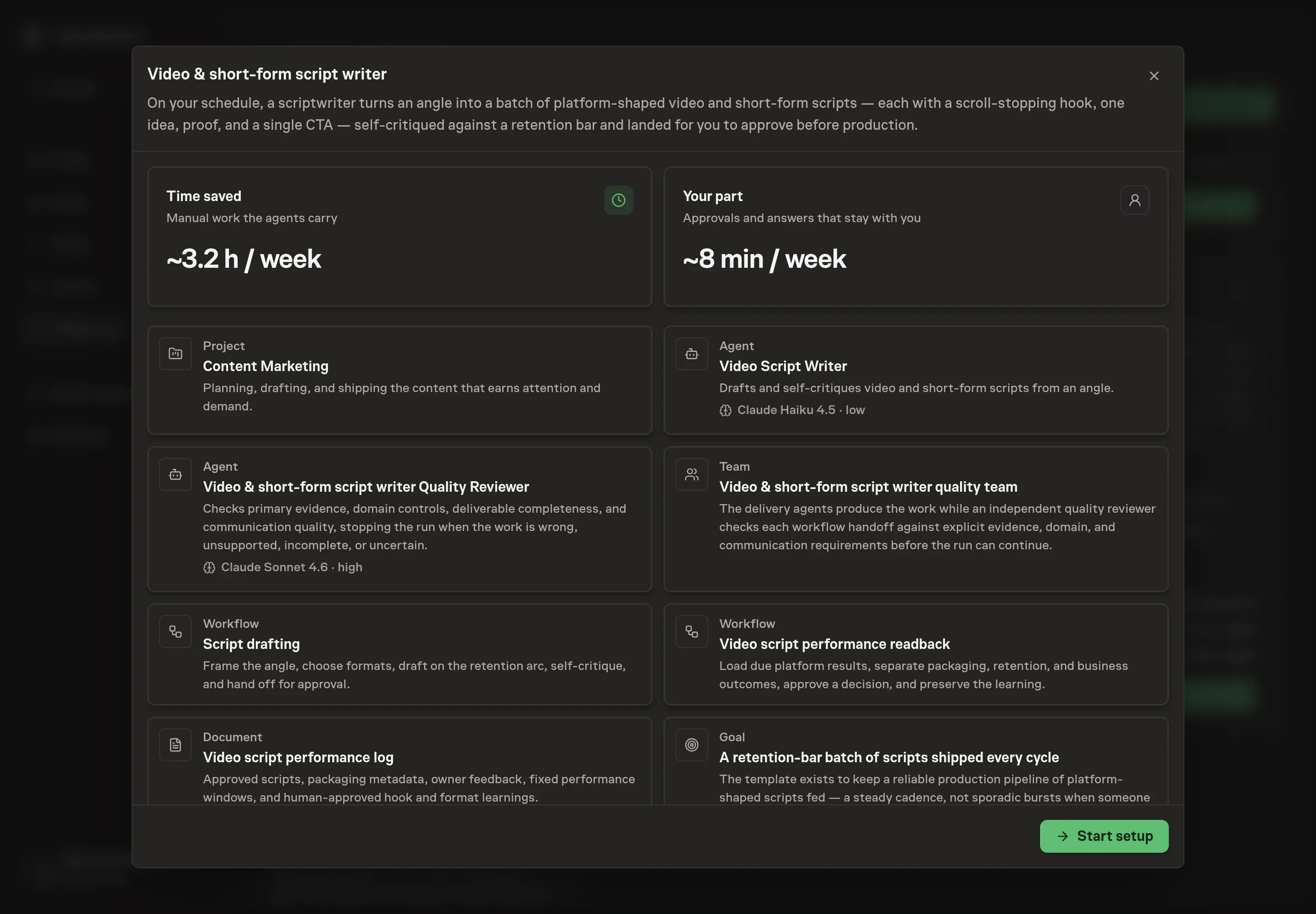 The Video & short-form script writer preview listing the scriptwriter, script drafting workflow, weekly schedule, goal, skills, and Start setup button