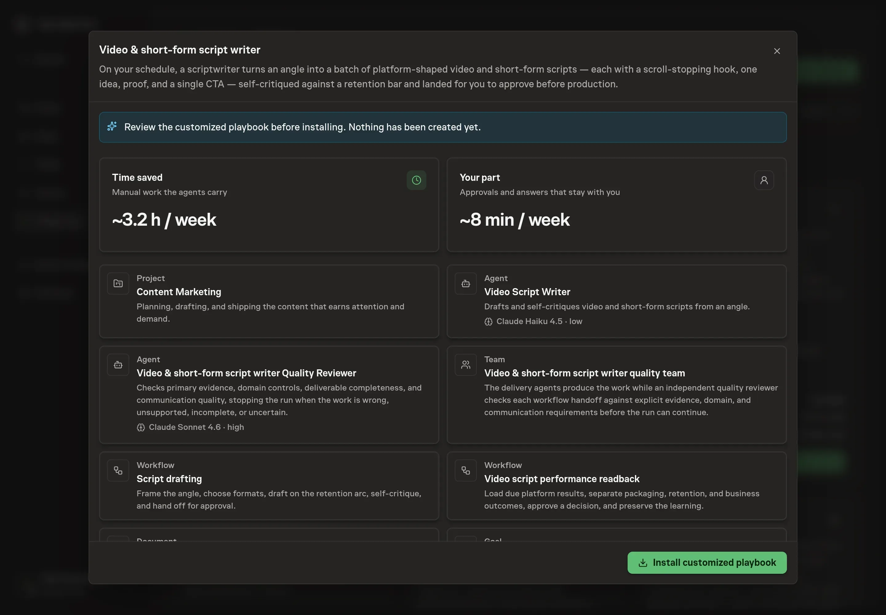 The review step showing the customized Video Script Writer, Script drafting workflow, weekly schedule, goal, and skills ready to install