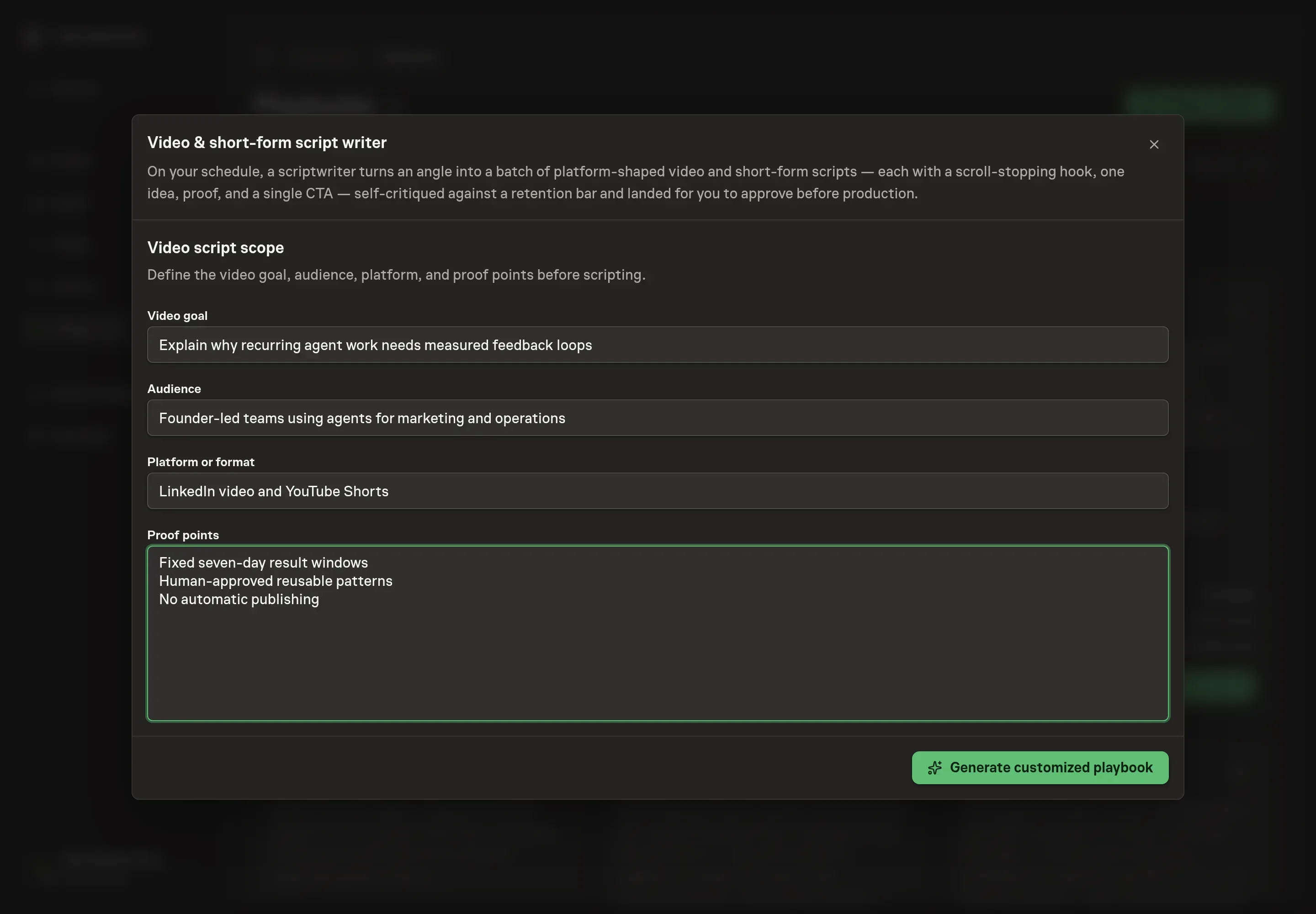 The setup form filled with the Northwind Studio video goal, founder audience, TikTok and LinkedIn formats, and proof points